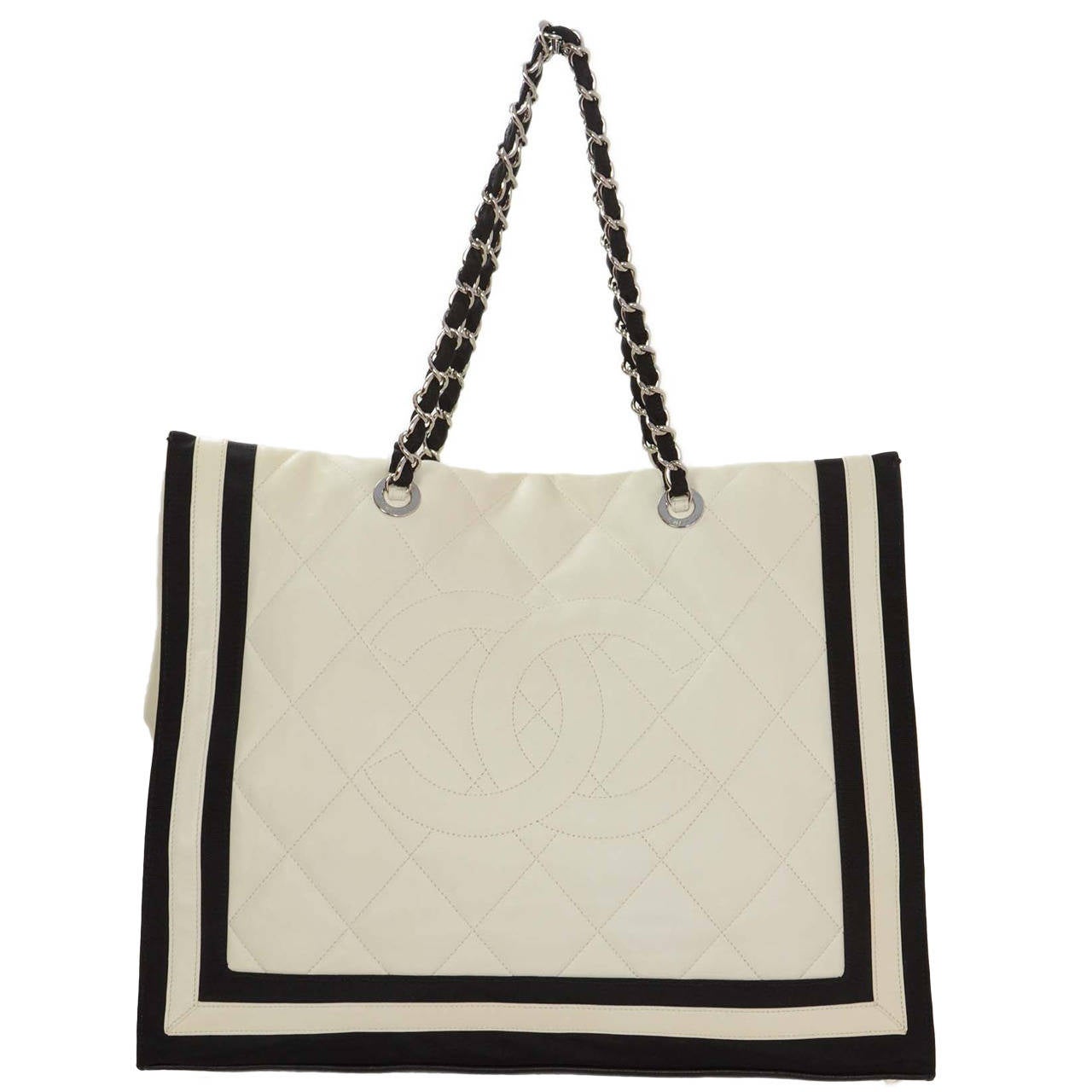 CHANEL White Lambskin Quilted XL Tote W/ Black Grosgrain Trim at 1stdibs