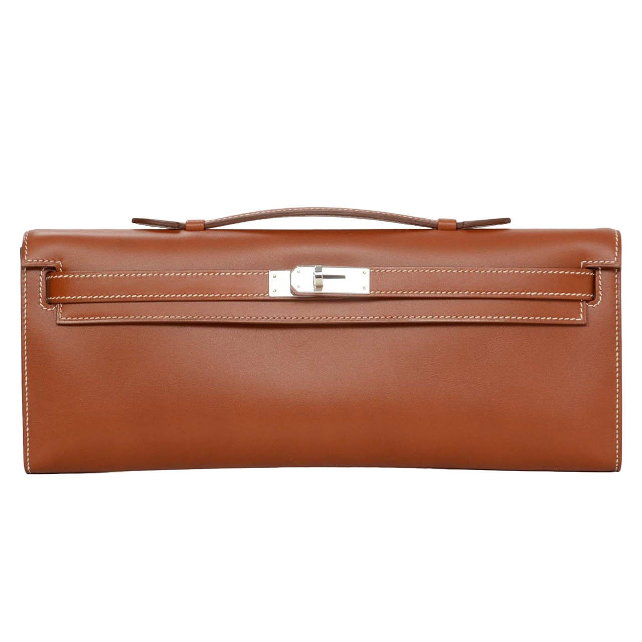 HERMES 2010 Tan Swift Leather Kelly Cut Clutch Bag w/ White Contrast Stitching