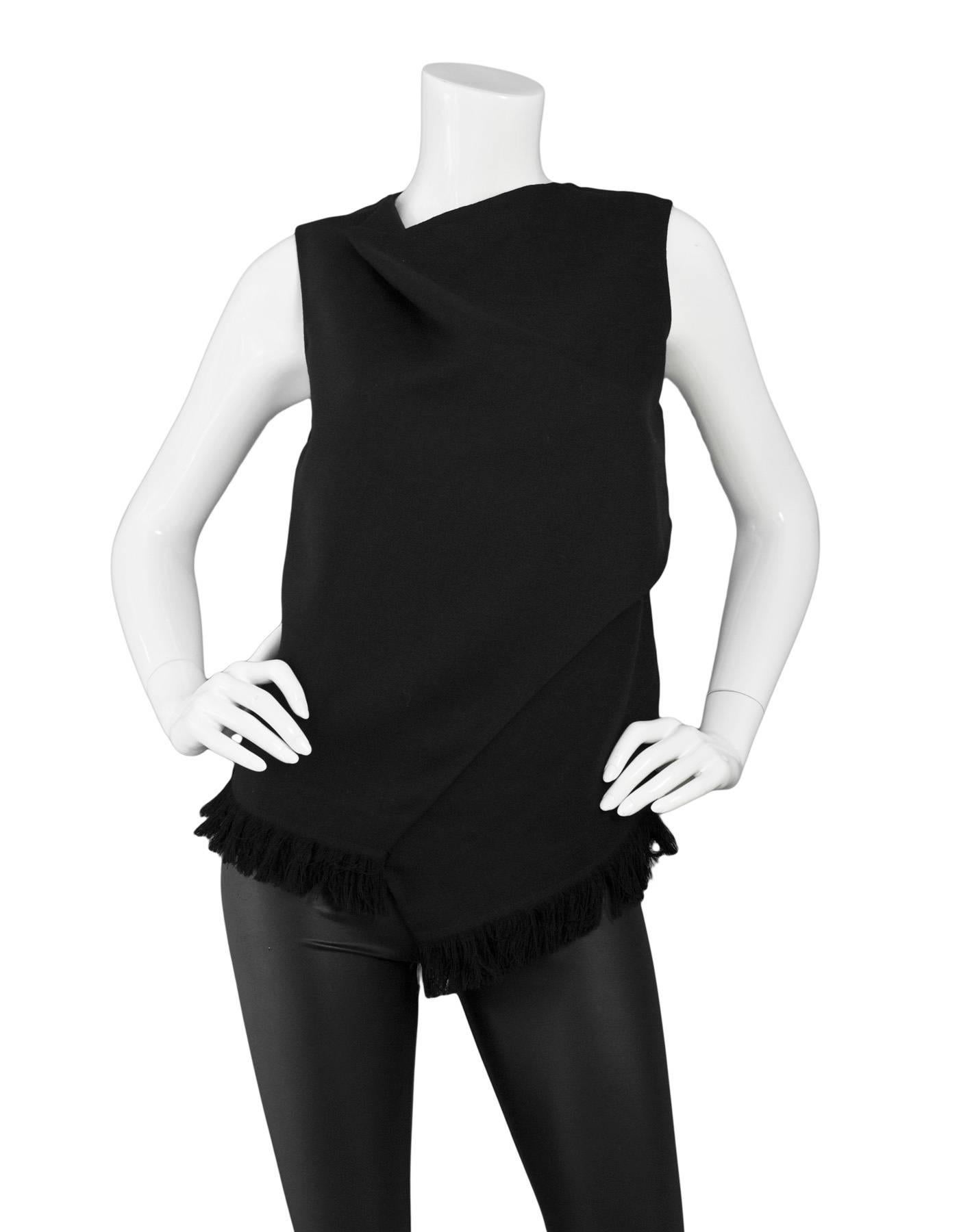3.1 Phillip Lim Black Sleeveless Top With Fringe Sz 4 NWT
Features cowl neck and asymmetrical fringe hem

Made In: China
Color: Black
Composition: 100% Wool
Lining: None
Closure/Opening: Back zip closure
Exterior Pockets: None
Interior Pockets: