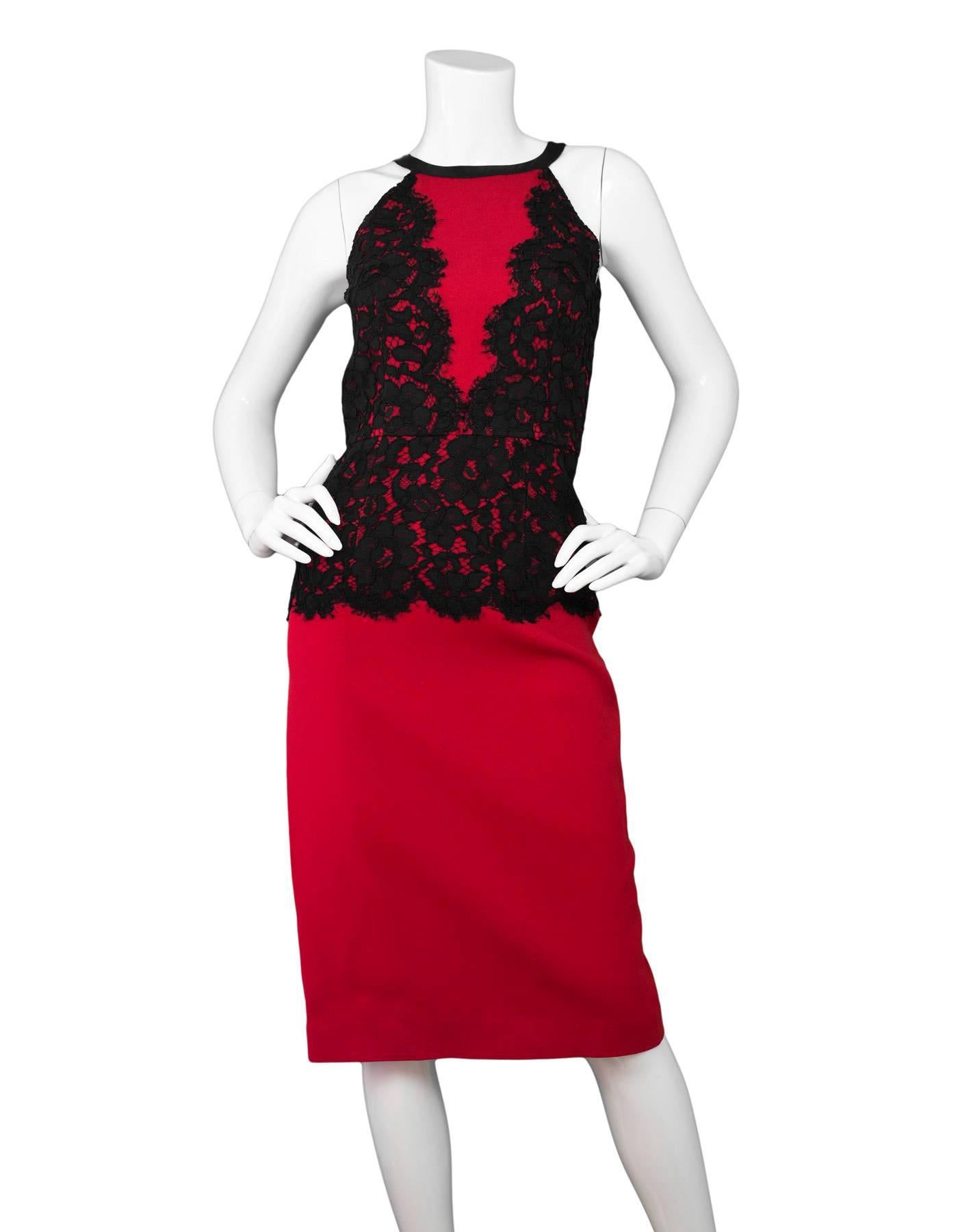 Michael Kors Collection Red & Black Lace Cocktail Dress
Features black satin trim at neckline and black lace overlay through bodice

Made In: Italy
Color: Red and black
Composition: 53% acetate, 47% rayon
Lining: Red, 61% acetate, 39%
