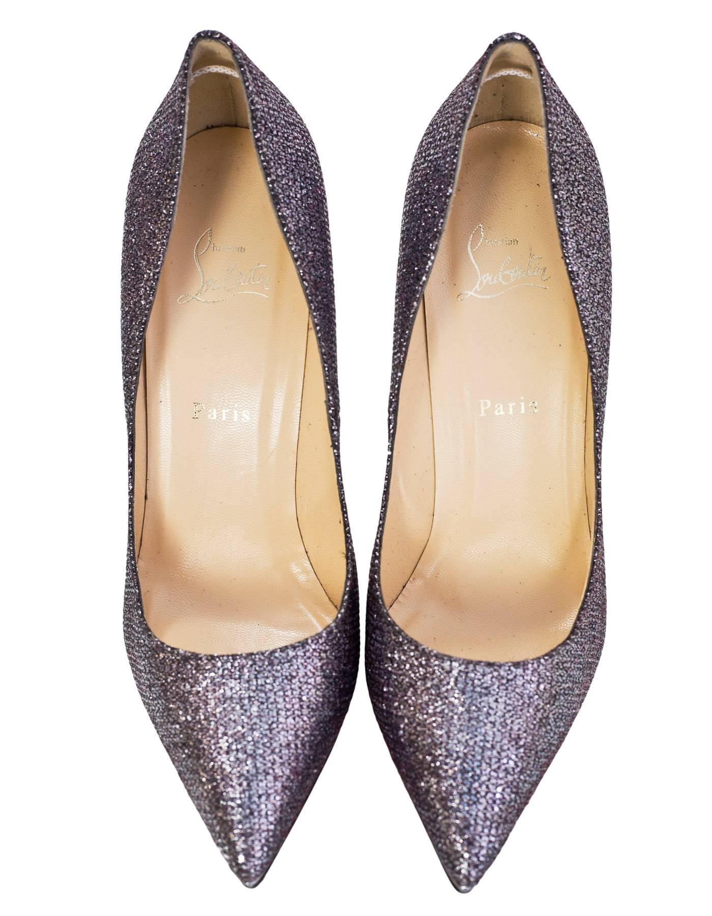 Christian Louboutin Silver Glitter Pigalle Plato 120mm Point Toe Pumps sz 4 In Excellent Condition In New York, NY