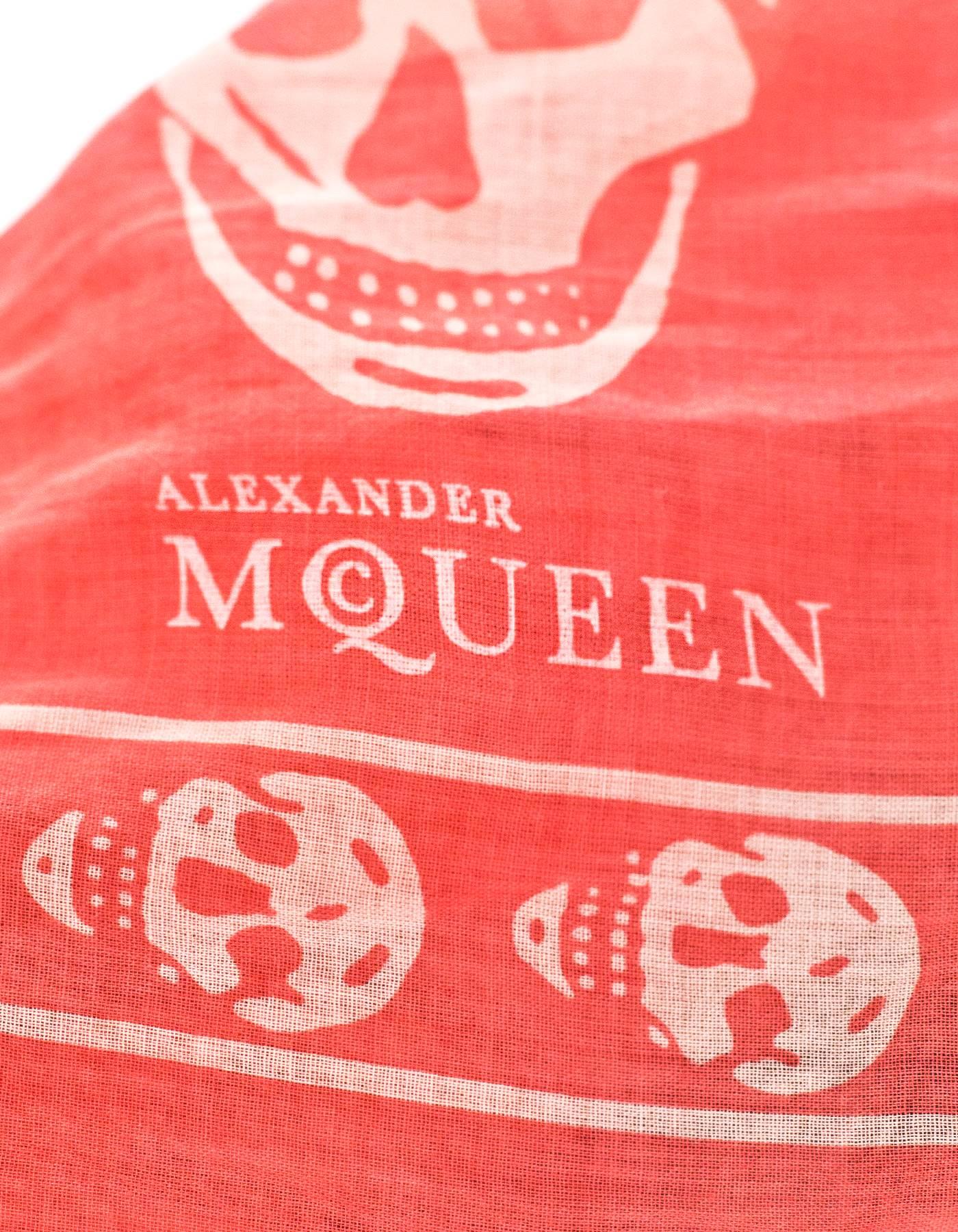 Alexander McQueen Cotton Coral and White Classic Skull XL Scarf In Excellent Condition In New York, NY