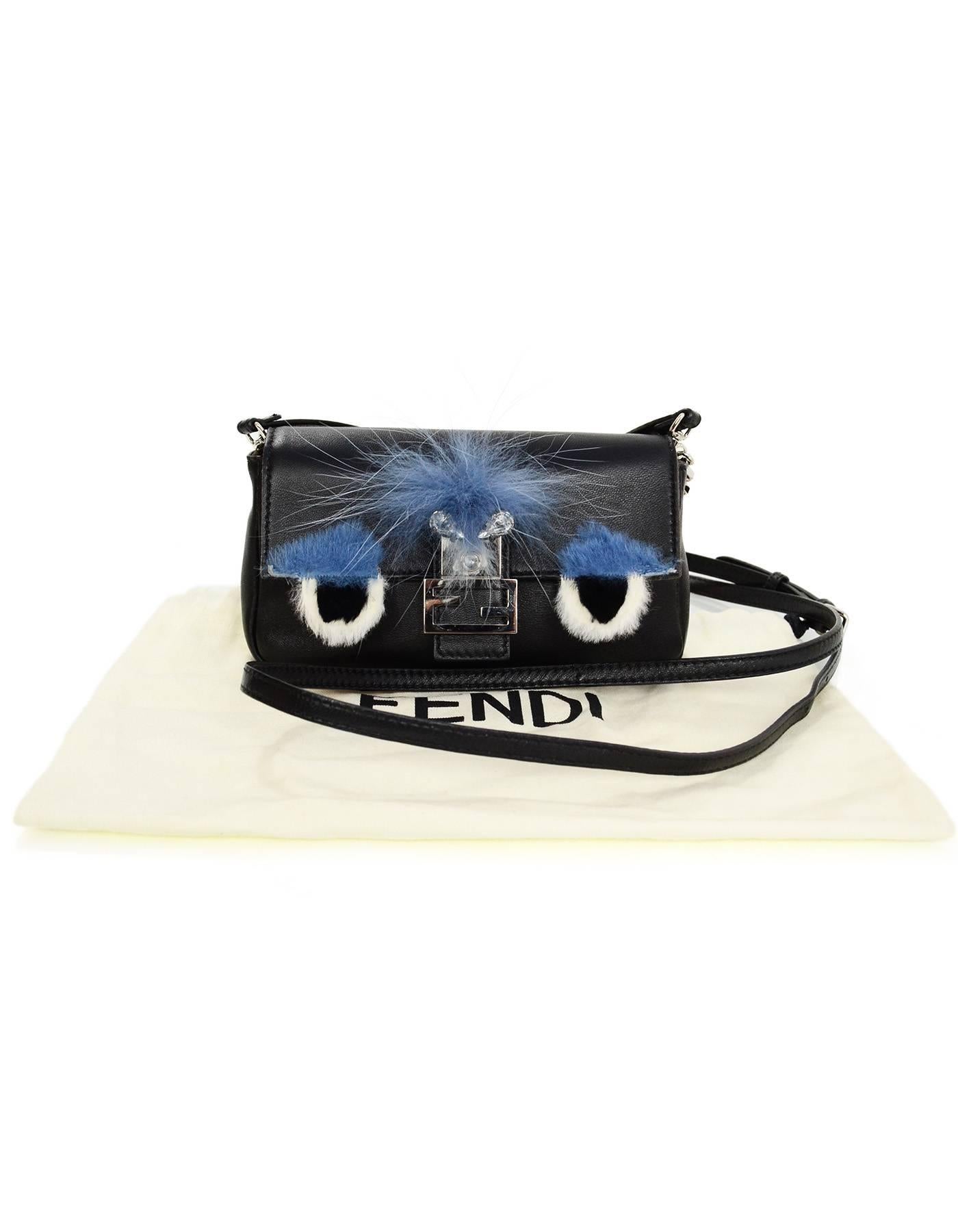 Fendi Black Leather & Blue Fur Micro Buggie Baguette Crossbody Bag  4