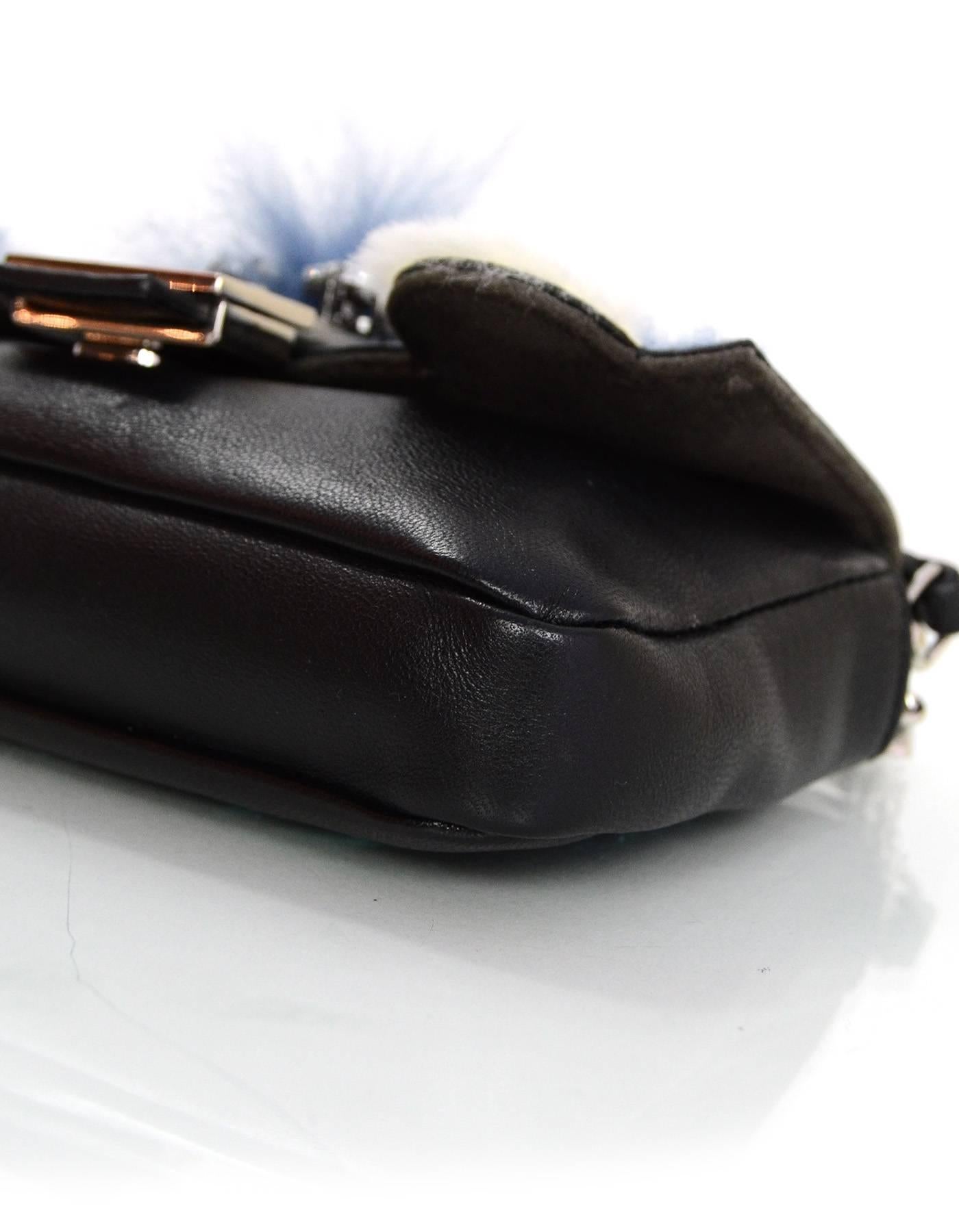 Fendi Black Leather & Blue Fur Micro Buggie Baguette Crossbody Bag  In Excellent Condition In New York, NY