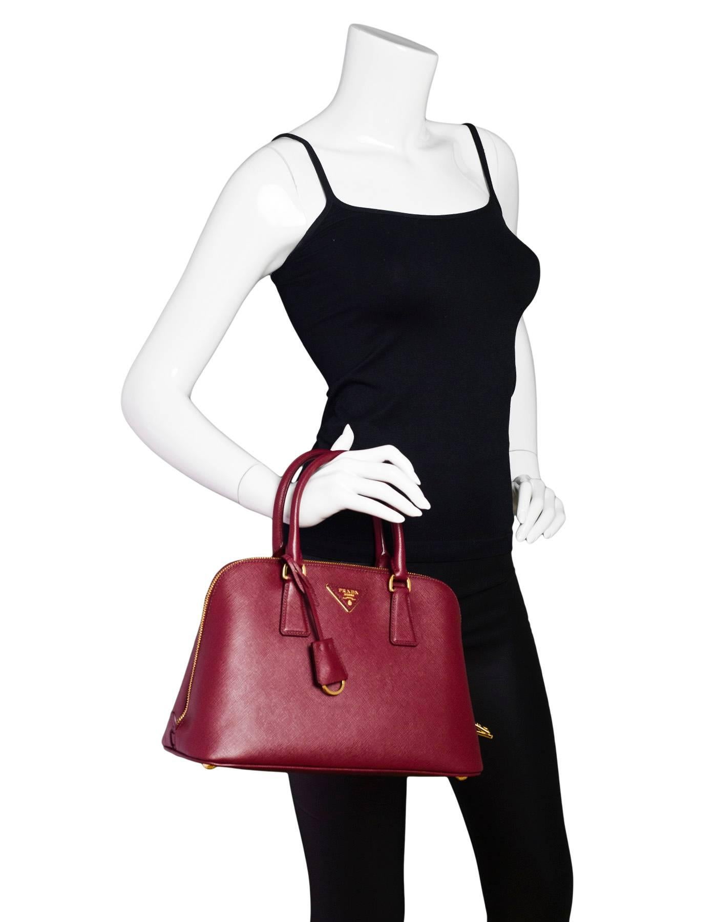 Prada Cerise Burgundy Saffiano Medium Promenade Handle Bag w/ Strap In Excellent Condition In New York, NY