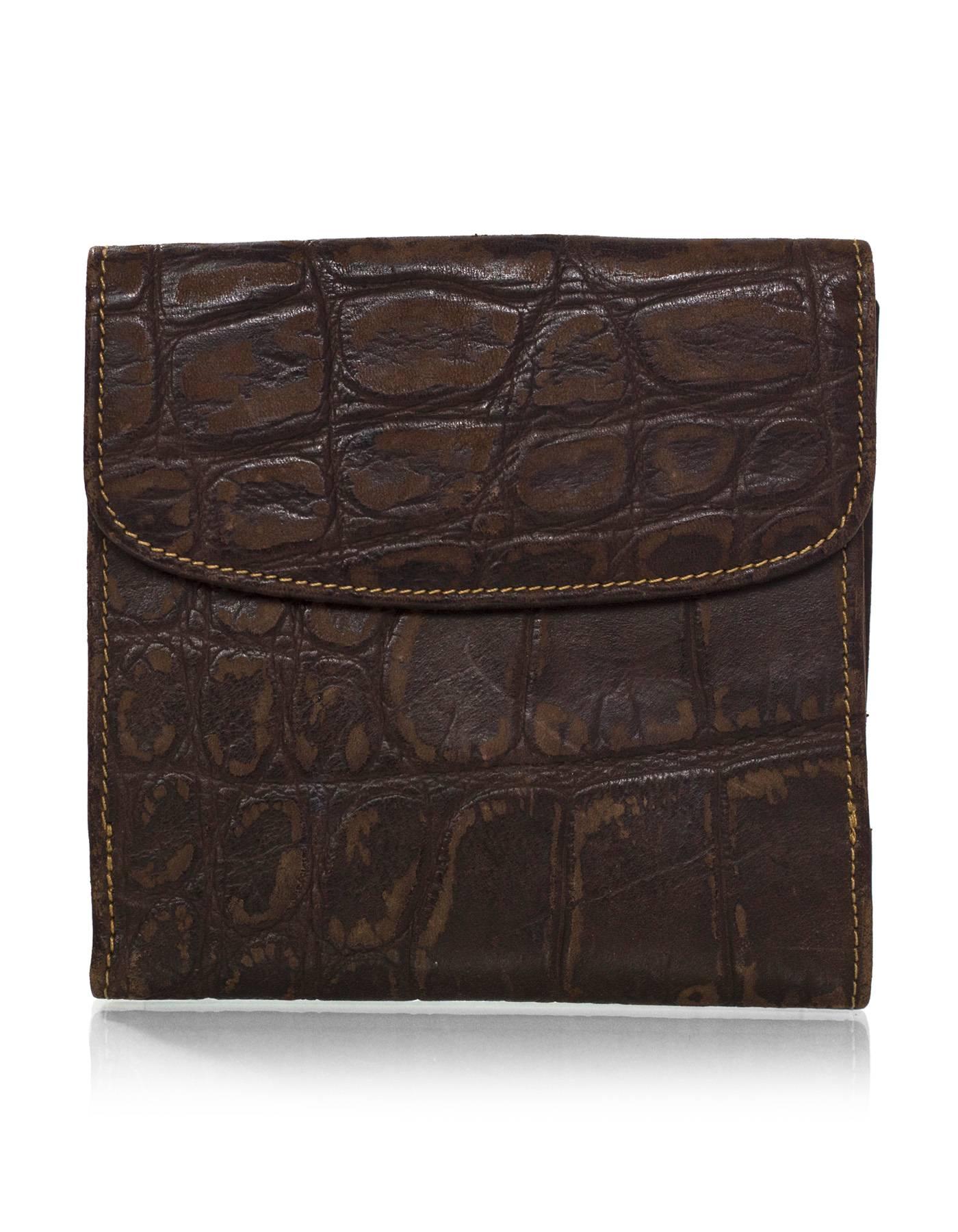 Black Fendi Vintage Brown Croc Embossed Distressed Leather Wallet