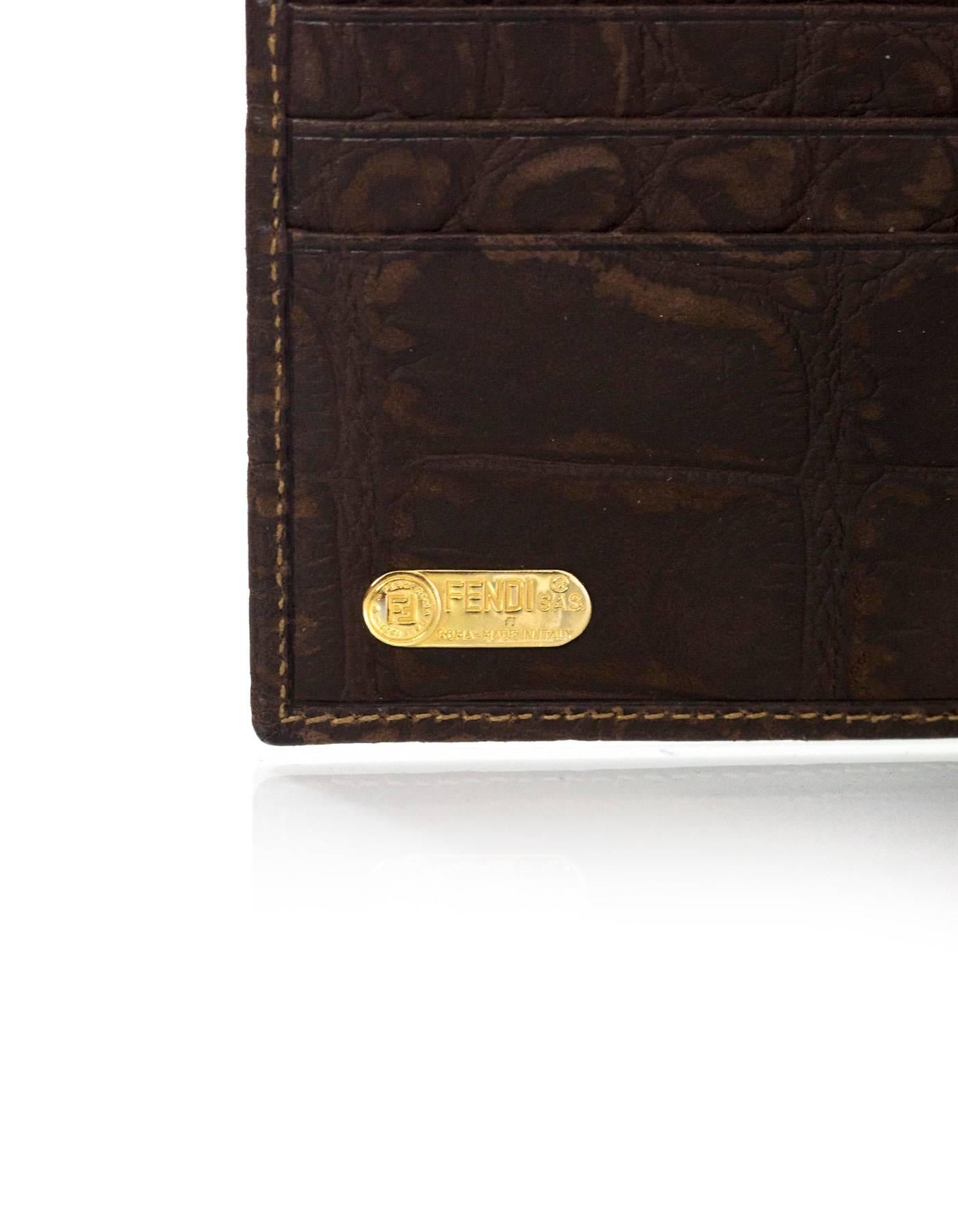 Fendi Vintage Brown Croc Embossed Distressed Leather Wallet 3