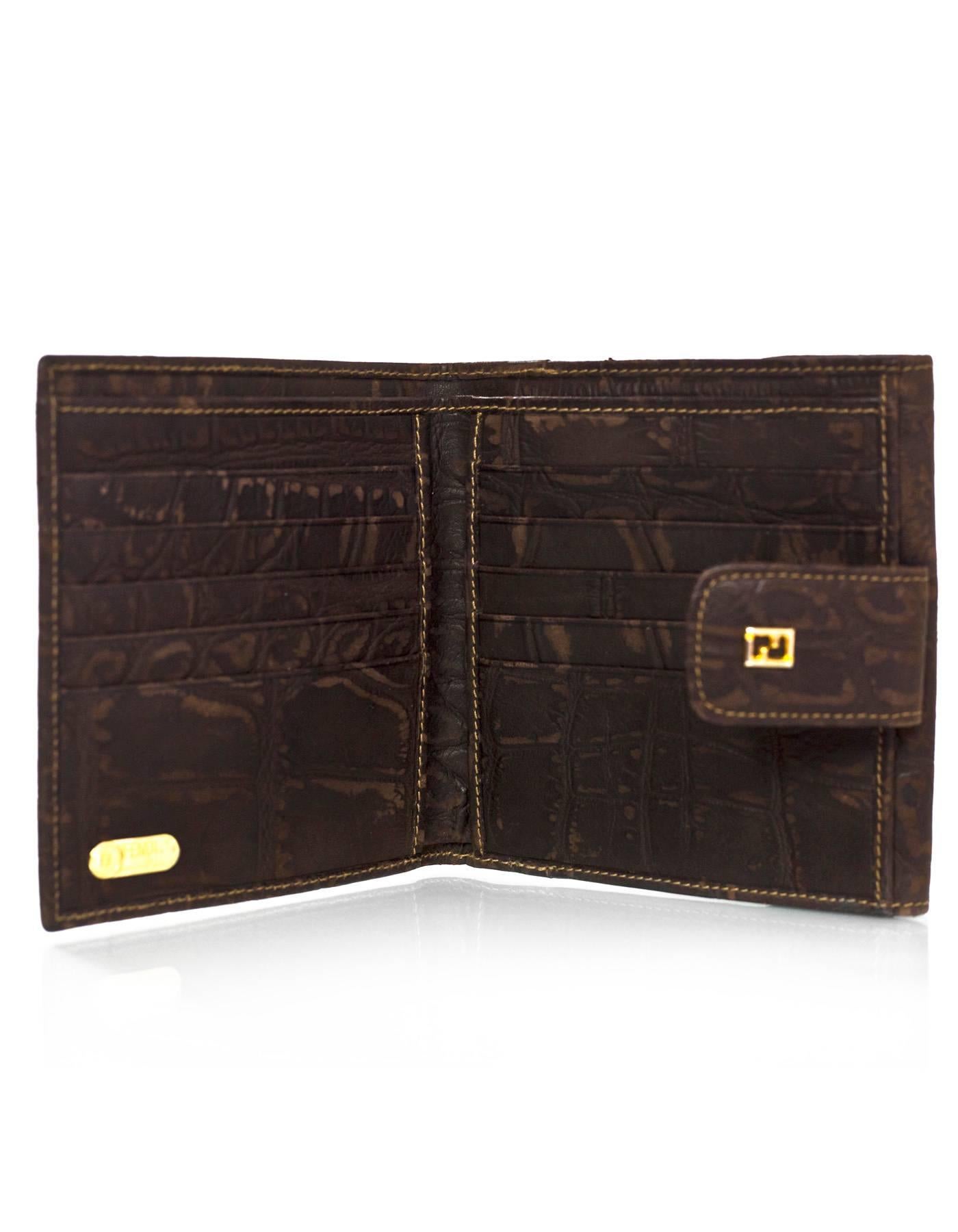 Fendi Vintage Brown Croc Embossed Distressed Leather Wallet 1
