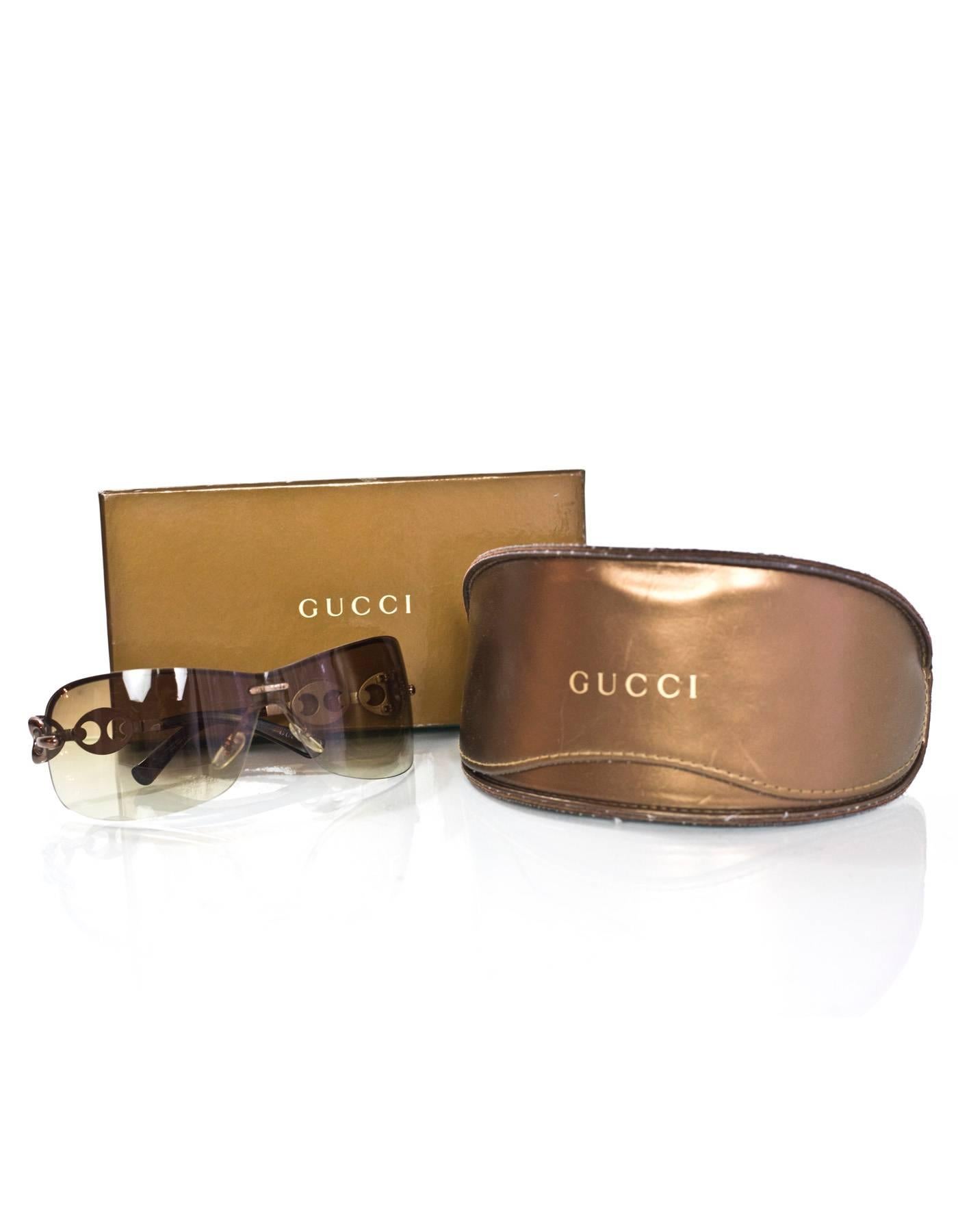 Gucci Brown Shield Sunglasses with Box and Case In Excellent Condition In New York, NY