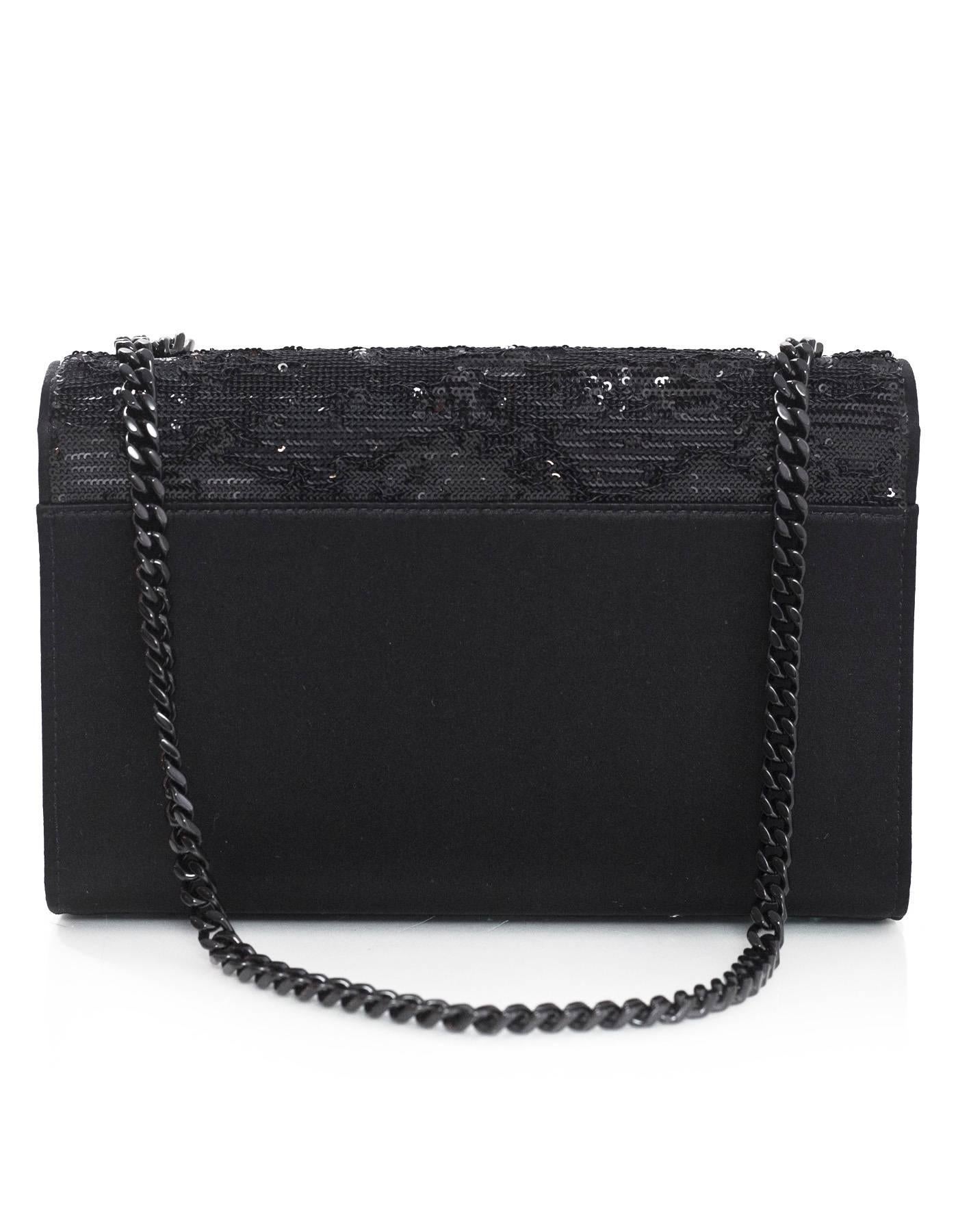 Saint Laurent Black Satin Small Kate Magic Paillettes Sequin Evening Bag In Excellent Condition In New York, NY