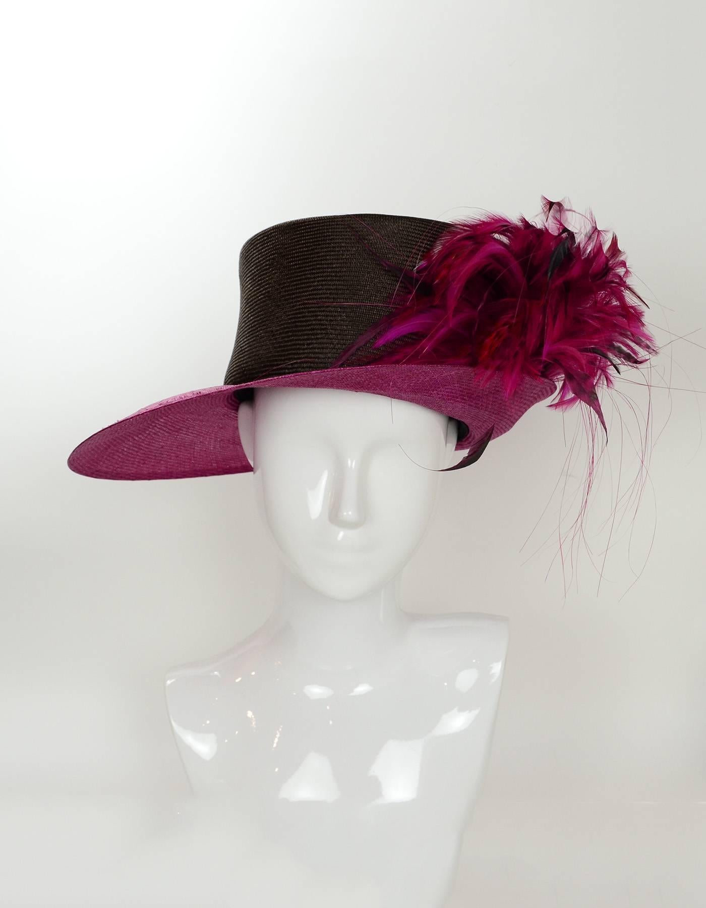 Women's Philip Treacy NEW Pink & Brown Woven Hat with Feathers