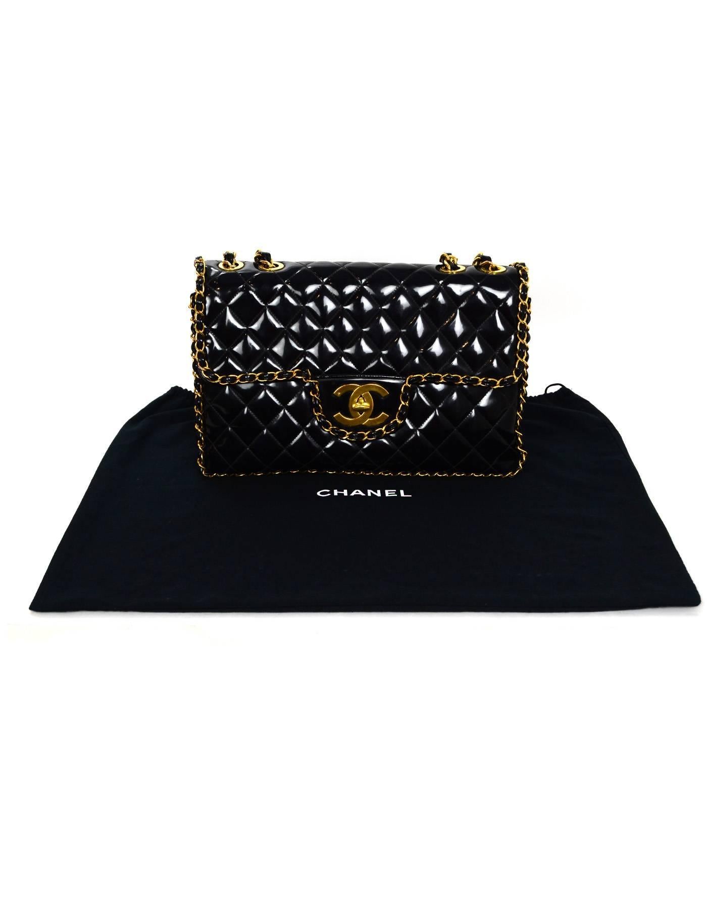 Chanel RARE Vintage Black Patent Leather Chain Around Maxi Flap Bag  3