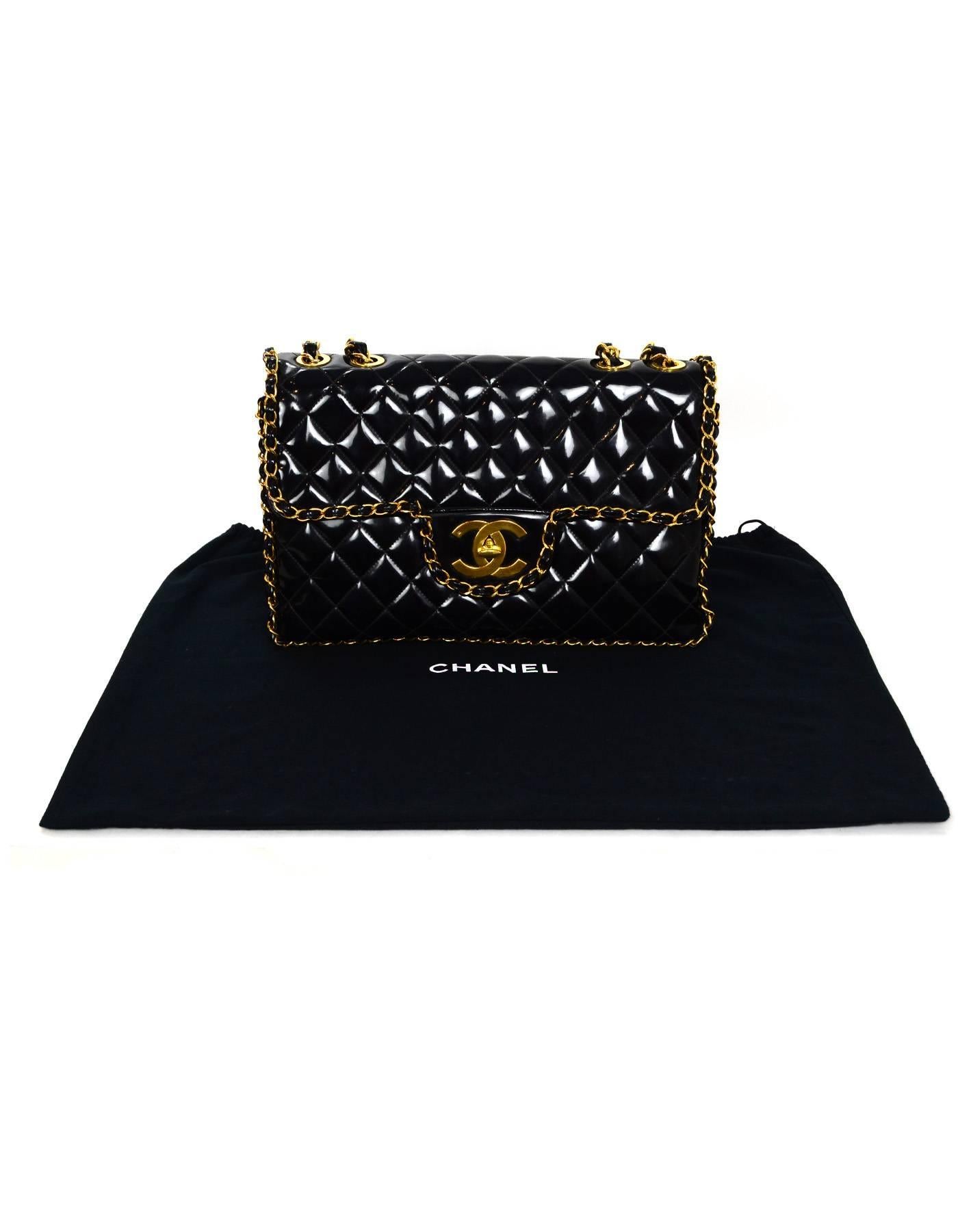 Chanel RARE Vintage Black Patent Leather Chain Around Maxi Flap Bag 3