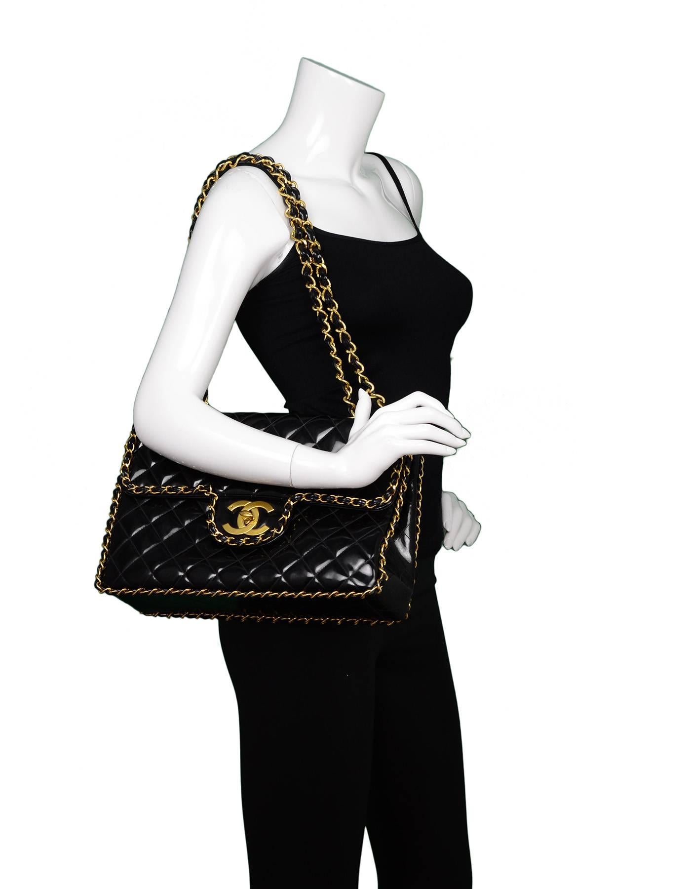 Chanel RARE Vintage Black Patent Leather Chain Around Maxi Flap Bag  2