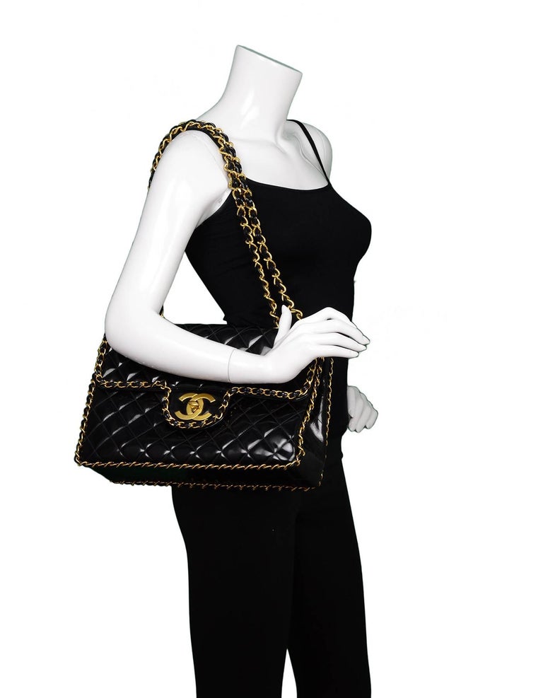 Chanel RARE Vintage Black Patent Leather Chain Around Maxi Flap Bag at  1stDibs