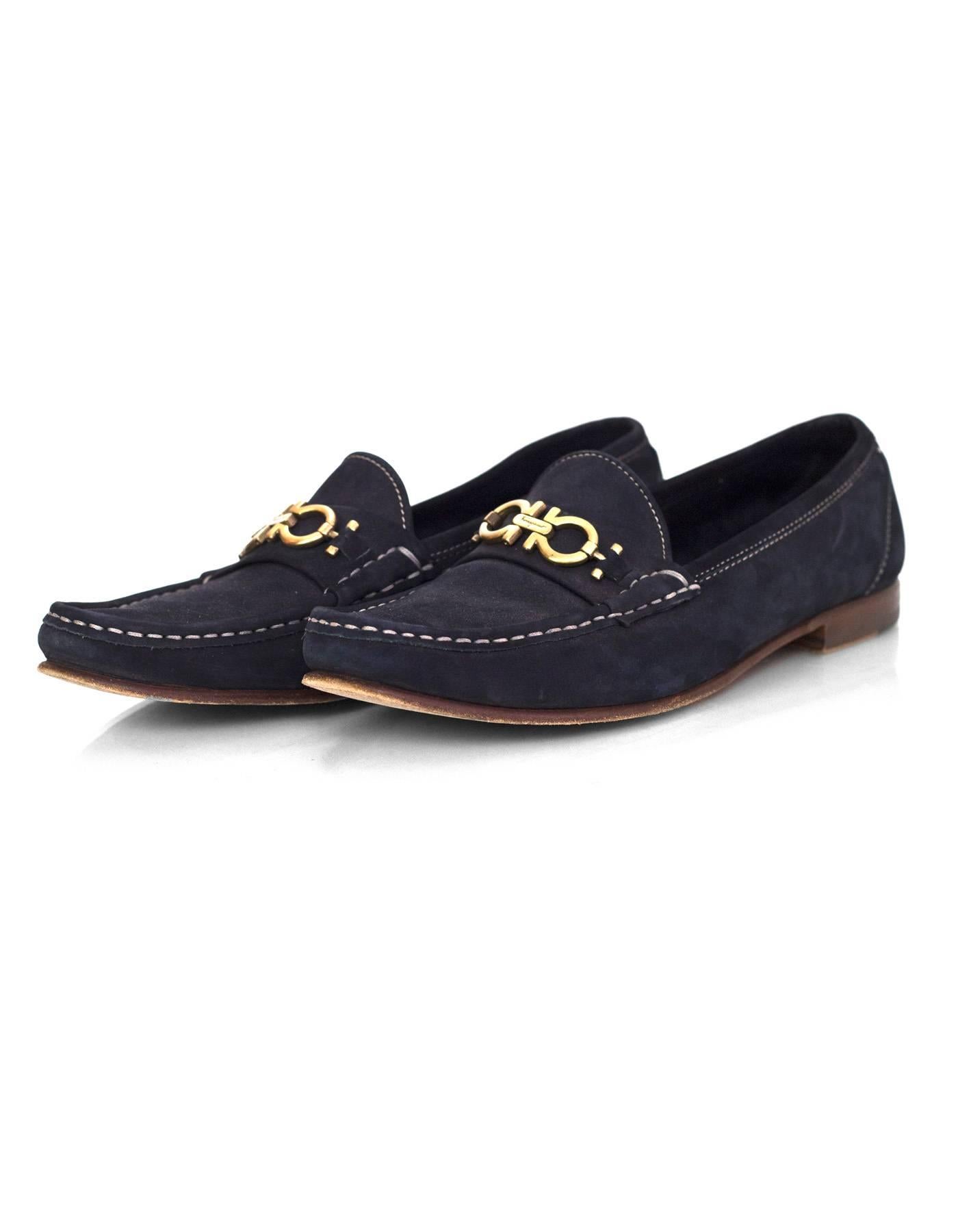 Salvatore Ferragamo Navy Suede Loafers Sz 9AA
*this is a narrow fit shoe*

Made In: Italy
Color: Navy
Materials: Suede
Closure/Opening: Slide on
Sole Stamp: Salvatore Ferragamo Sport Made in Italy 9AA
Overall Condition: Excellent pre-owned condition