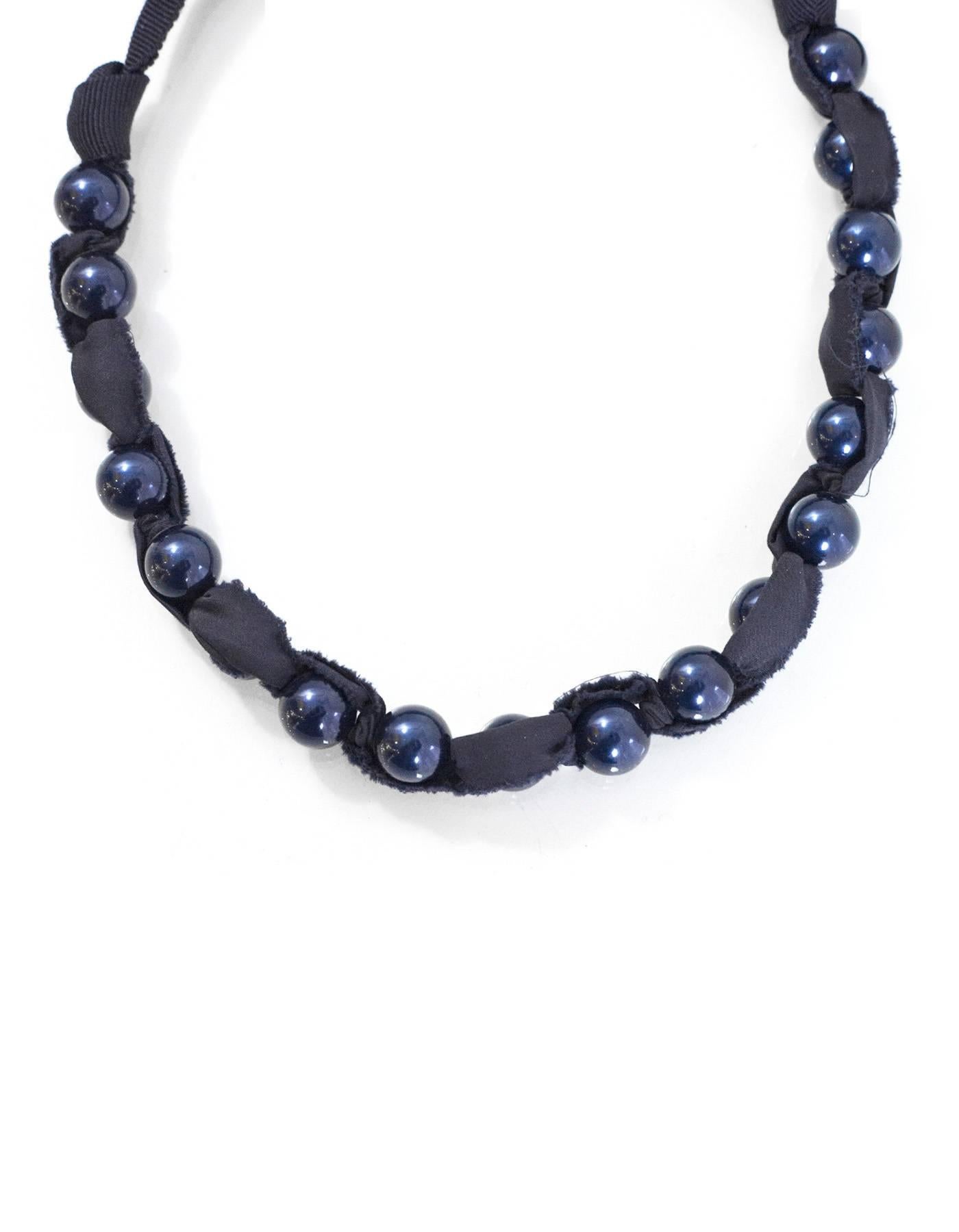 Lanvin Navy Beaded Ribbon Necklace with Dust Bag In Excellent Condition In New York, NY