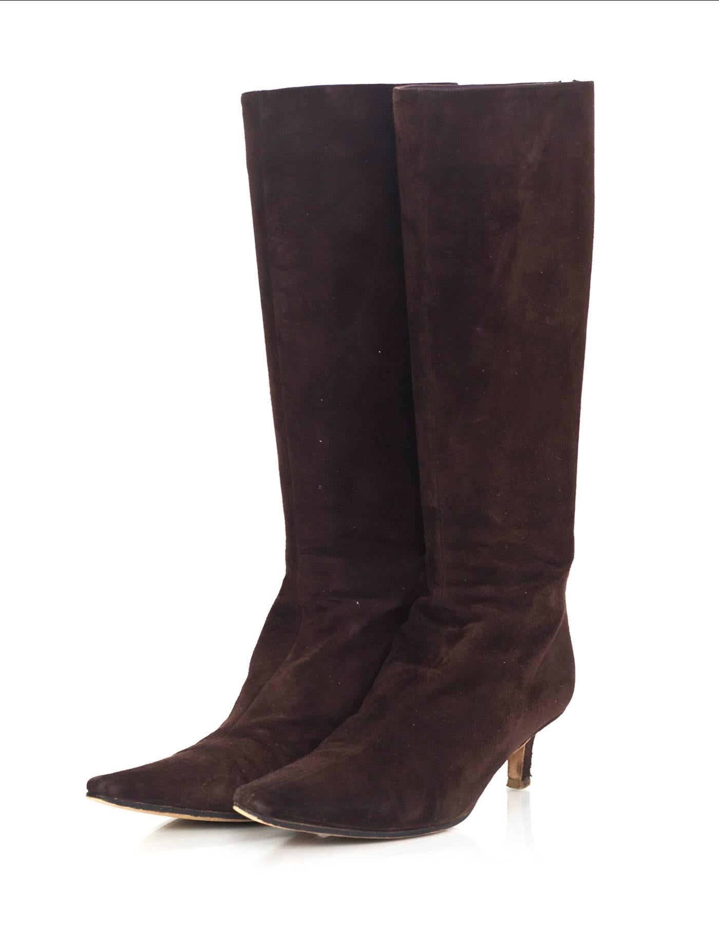 Jimmy Choo Brown Suede Kitten Heel Boots Sz 38

Made In: Italy
Color: Brown
Materials: Suede
Closure/Opening: Zip closure at back
Sole Stamp: Made in Italy 38 (partially covered from being re-soled)
Overall Condition: Very good pre-owned condition
