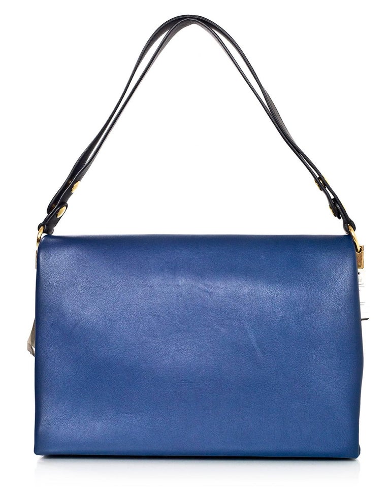 Celine Navy Leather Blade Flap Shoulder Bag with Dust Bag For Sale at