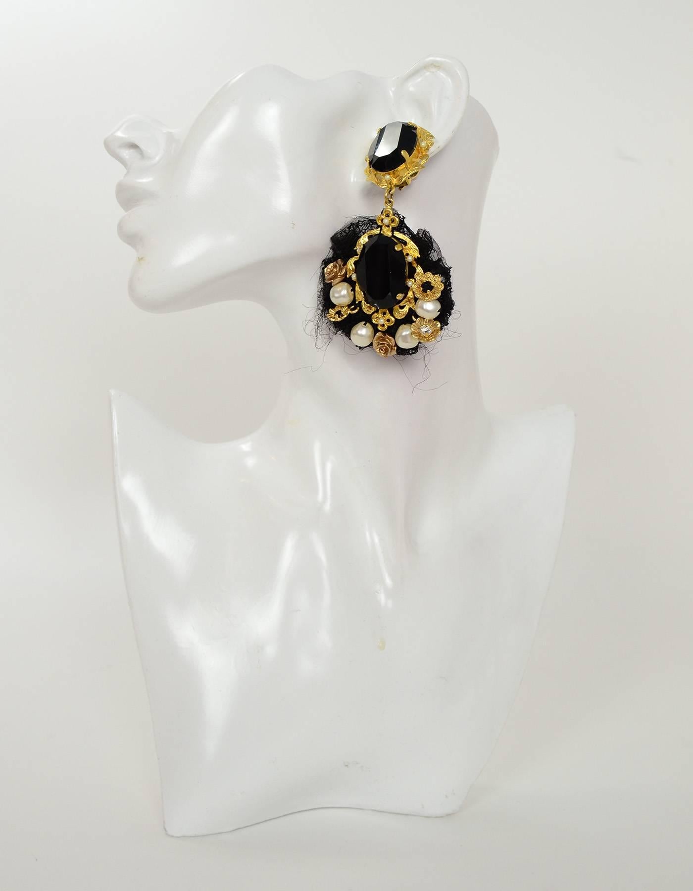 Women's Dolce & Gabbana Black Lace & Crystal Embellished Clip On Earrings