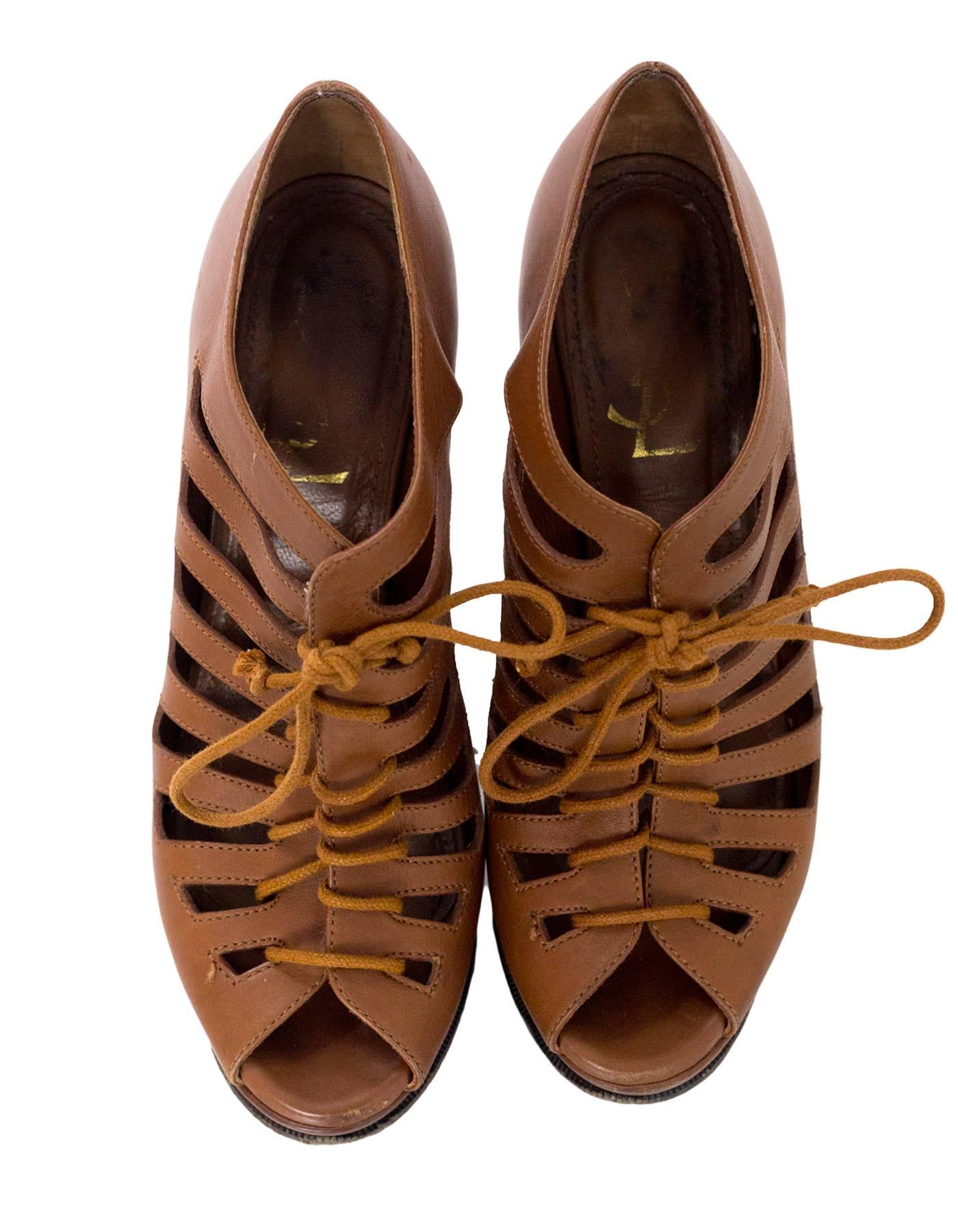 Saint Laurent Brown Caged Wedges Sz 37 In Excellent Condition In New York, NY