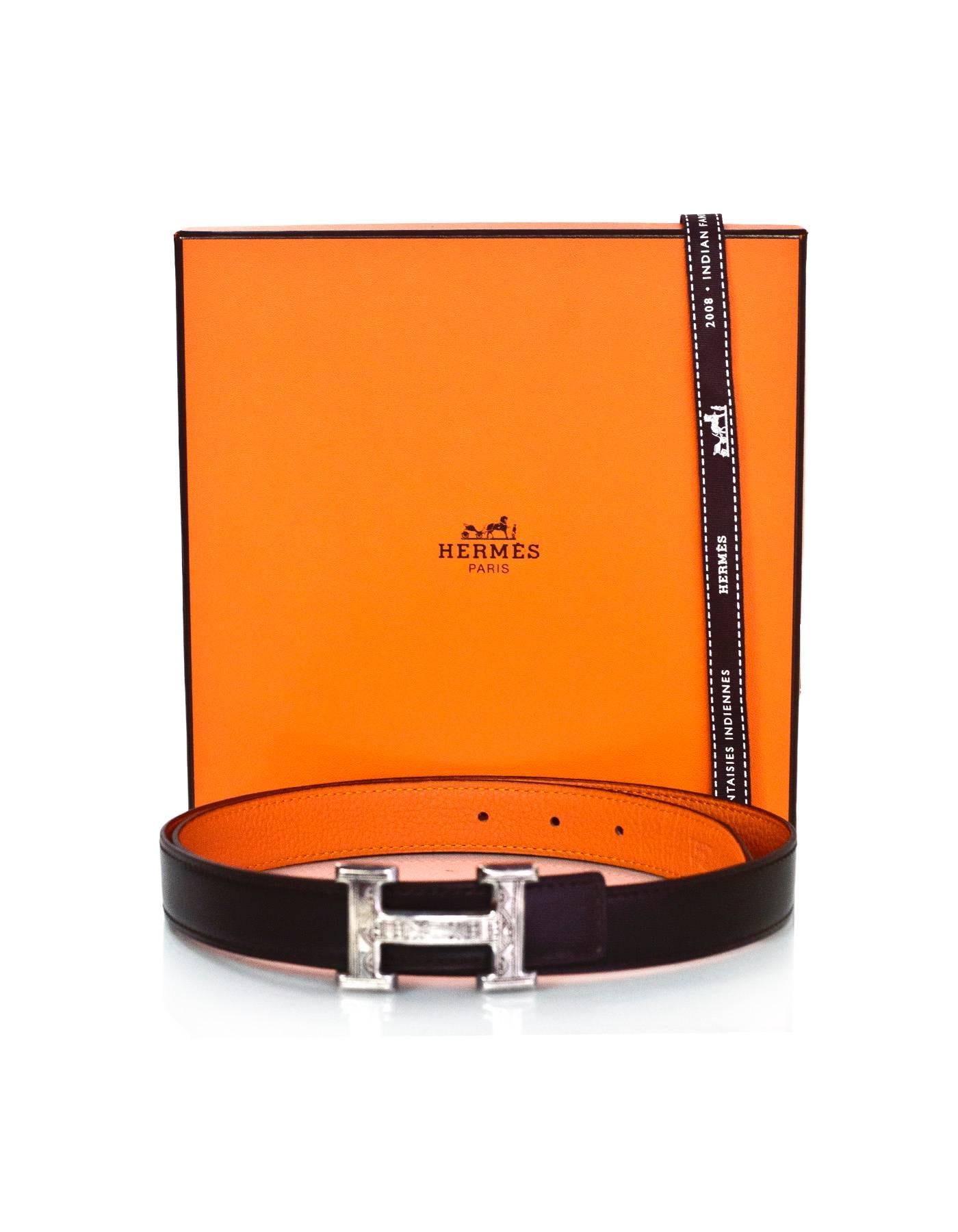 Women's Hermes Brown & Orange Sterling Engraved H Touareg 24mm Belt Kit sz 85