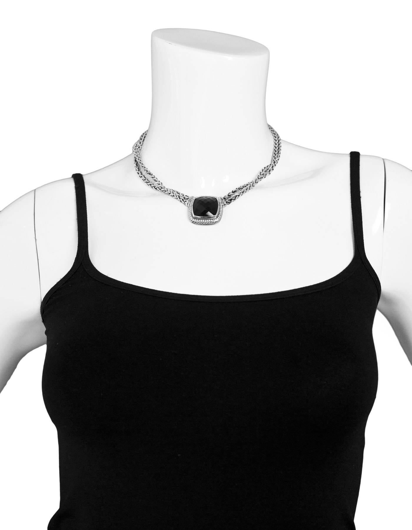 David Yurman Sterling, 14k White Gold & Onyx XL Albion Necklace
Features pave diamonds and double wheat chain

Color: Black, white, silver
Materials: 14k white gold, sterling silver, onyx and diamonds
Stamp: DY 925 750 585
Overall Condition: