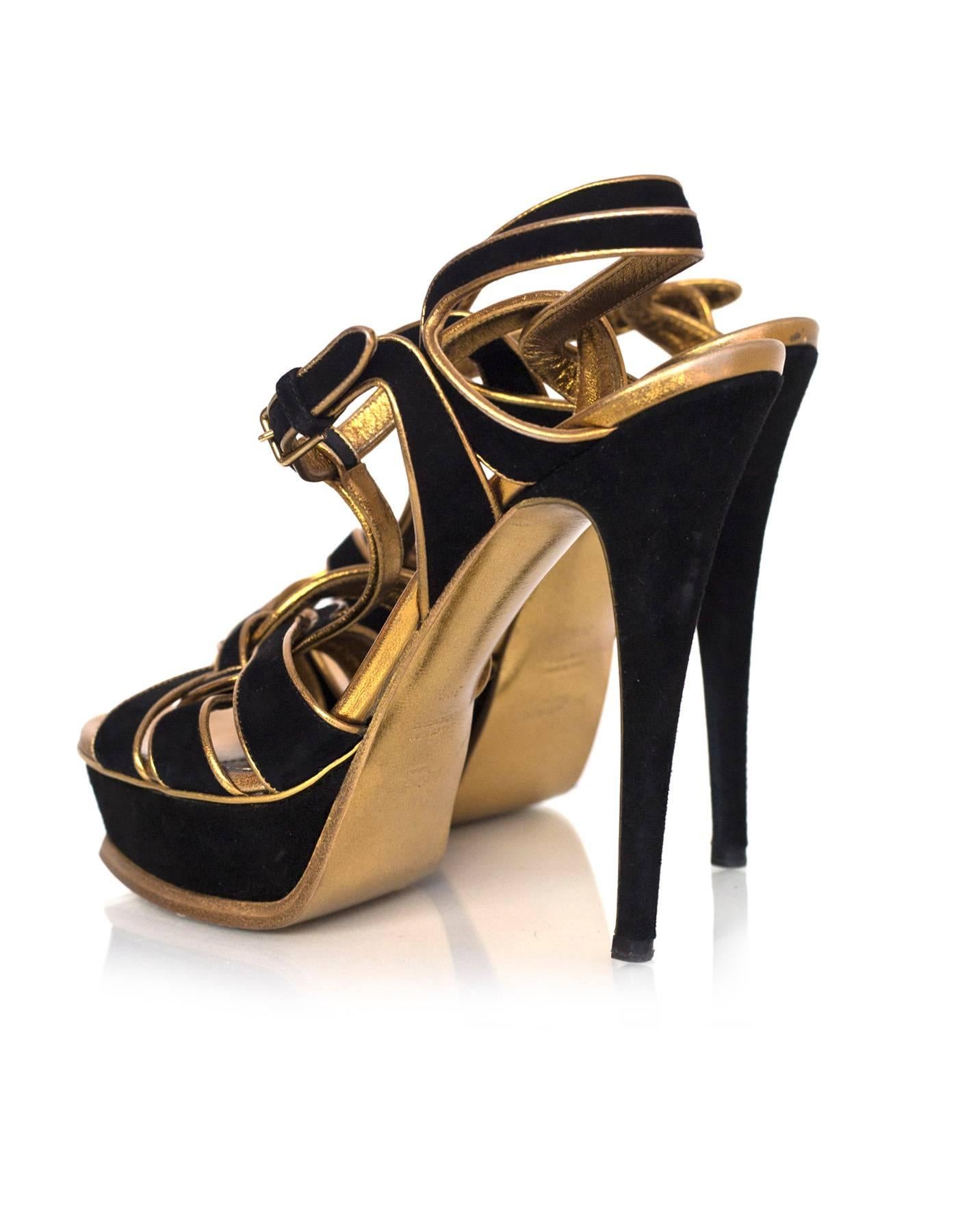 Women's Yves Saint Laurent Black and Gold SuedeTribute 105 Sandals Sz 39.5