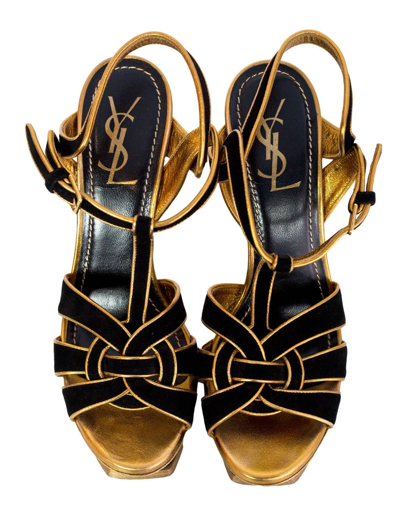 Yves Saint Laurent Black and Gold SuedeTribute 105 Sandals Sz 39.5 In Excellent Condition In New York, NY