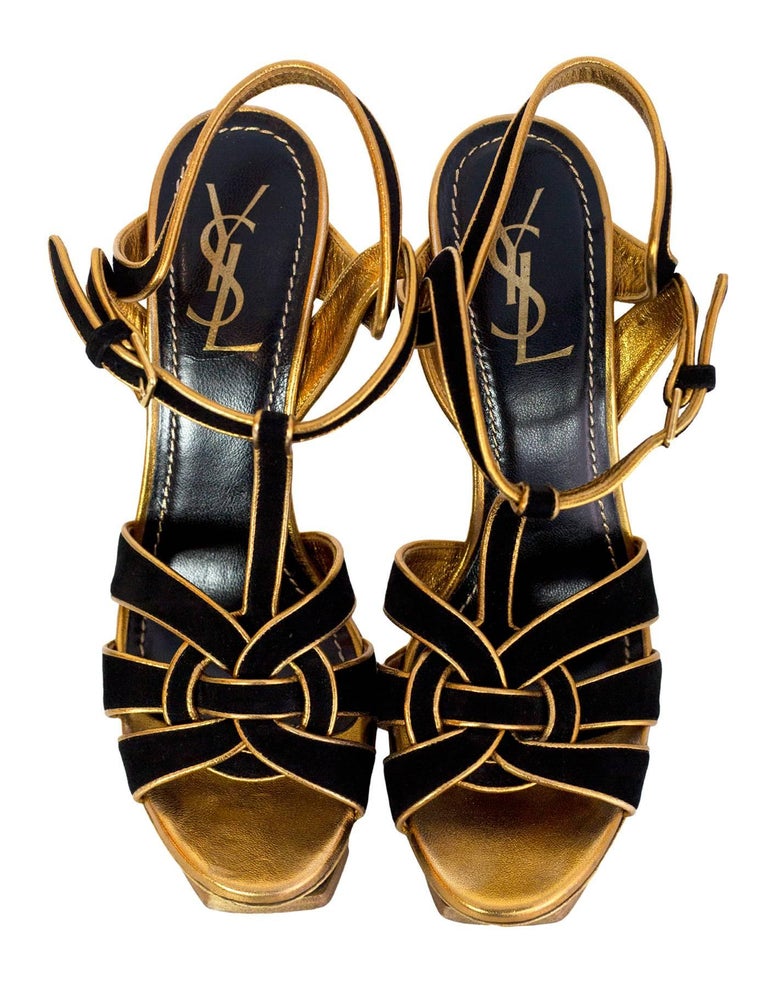 Yves Saint Laurent Black and Gold SuedeTribute 105 Sandals Sz 39.5 For ...