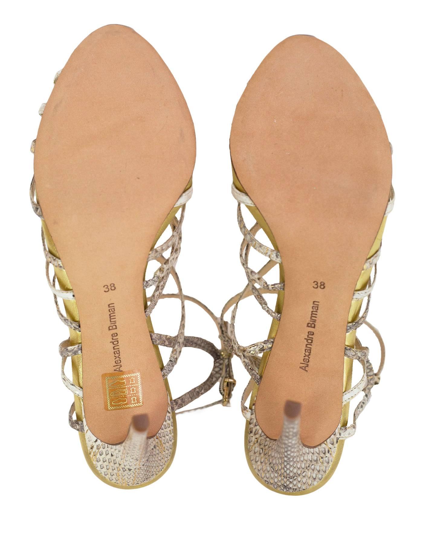 Alexandre Birman Gold and Beige Python Snakeskin Caged Sandals Sz 38 In Excellent Condition In New York, NY