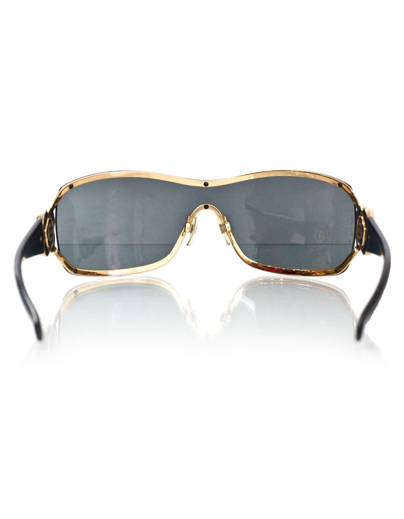 Chanel Black & Gold Shield Sunglasses with Camelia In Excellent Condition In New York, NY