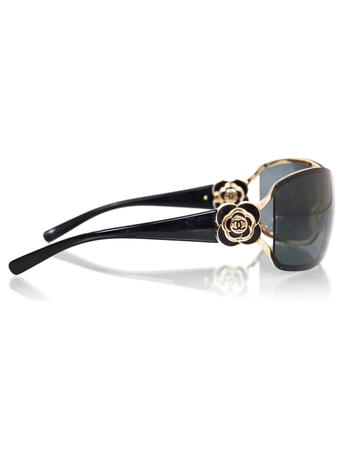 Gray Chanel Black & Gold Shield Sunglasses with Camelia