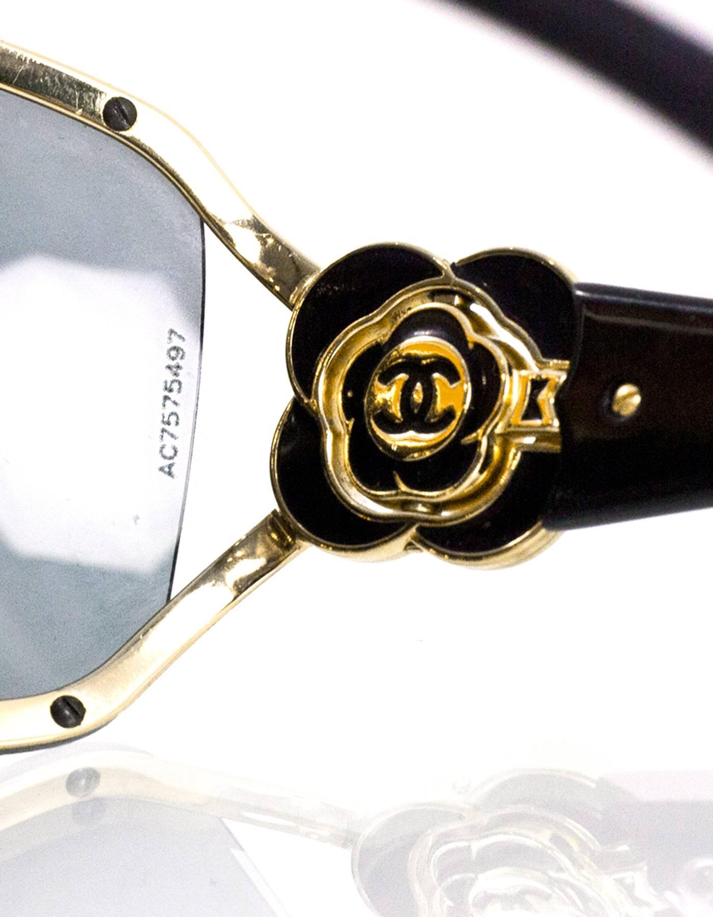 Chanel Black & Gold Shield Sunglasses with Camelia 1