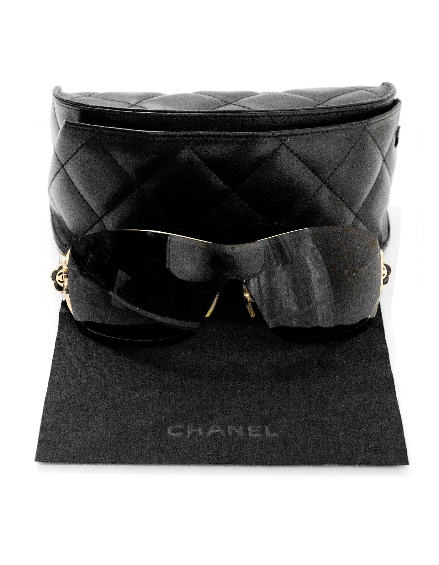 Chanel Black & Gold Shield Sunglasses with Camelia 2