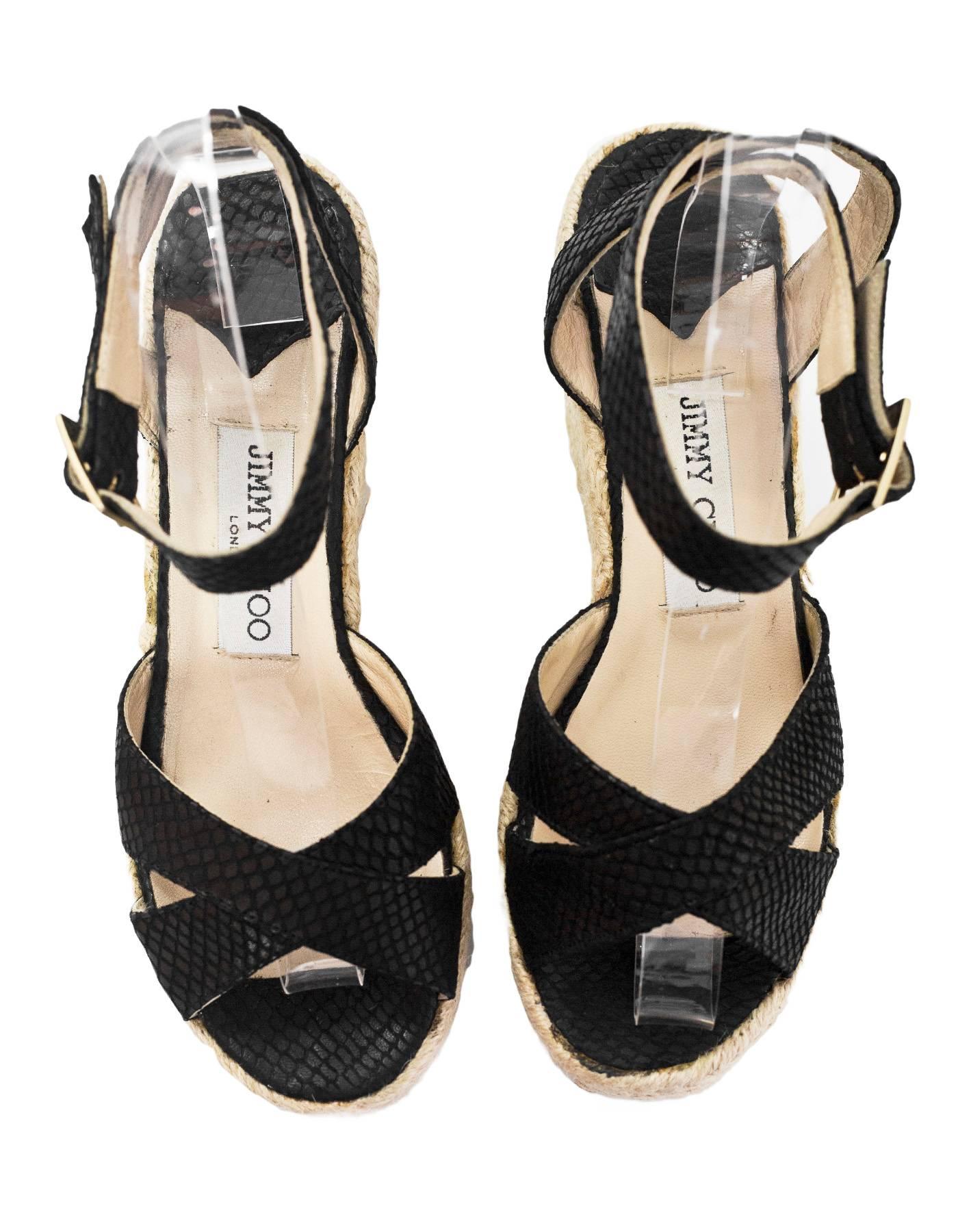 Jimmy Choo Black Embossed Snakeskin Platform Sandals Sz 36 with Box In Good Condition In New York, NY
