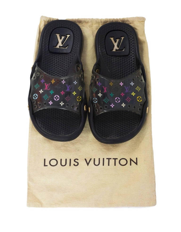 Louis Vuitton Black and Multi-Colored Monogram Slide Sandals sz 35 w/DB ...