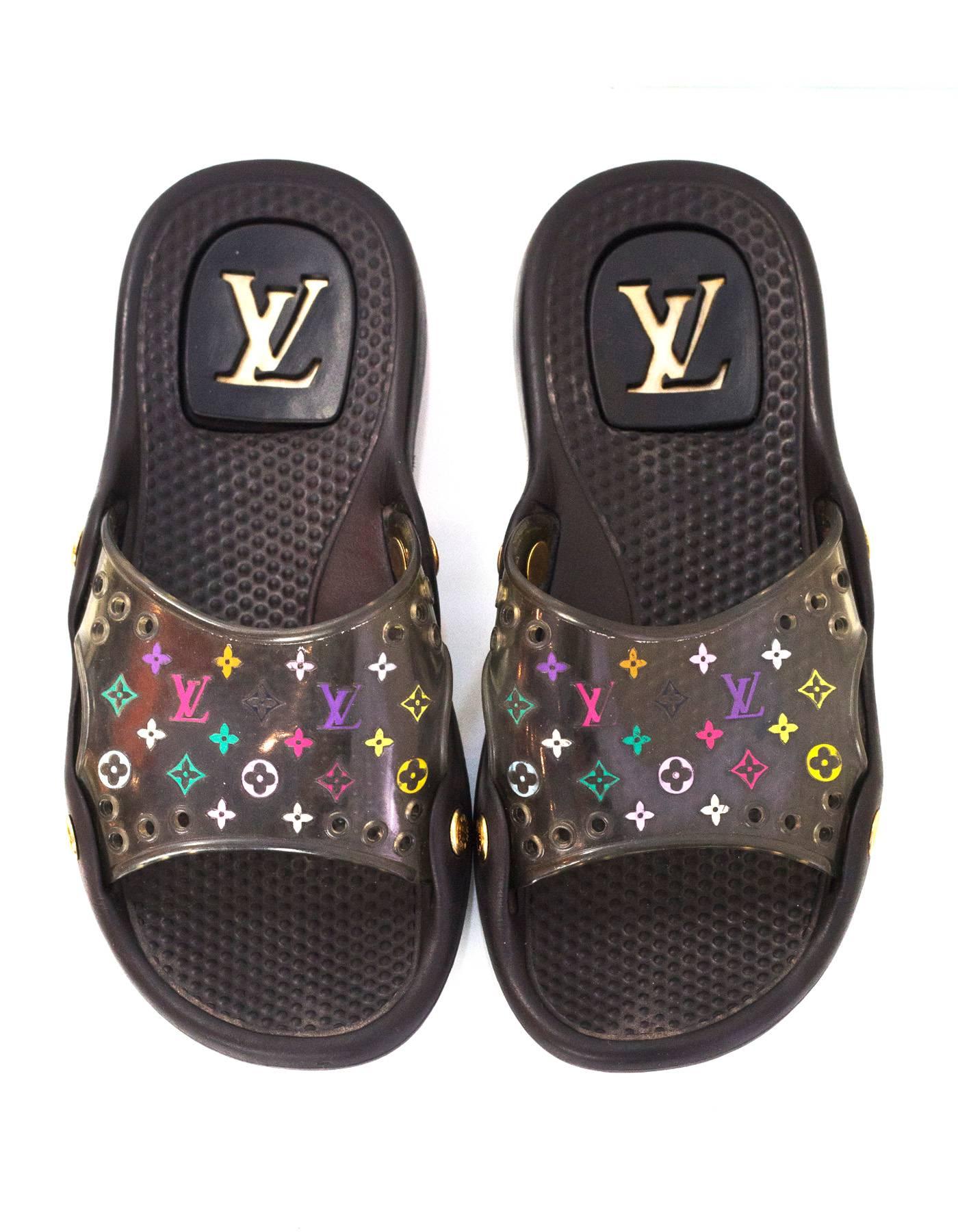 Louis Vuitton Black & Multi-Colored Monogram Slide Sandals sz 35 w/DB In Excellent Condition In New York, NY