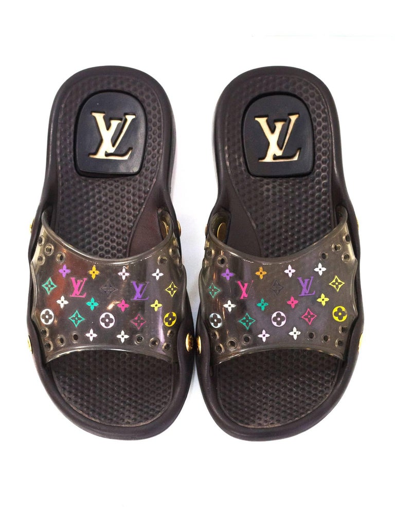 Louis Vuitton Black and Multi-Colored Monogram Slide Sandals sz 35 w/DB For Sale at 1stdibs