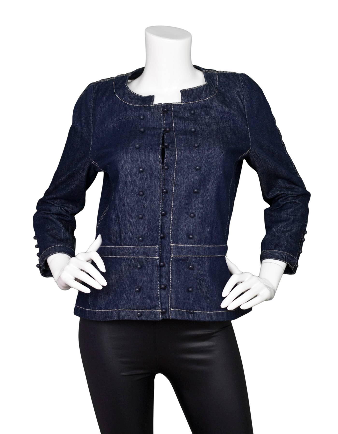 Loewe Triple Breasted Denim Jacket Sz M
Features peplum trim

Made In: Spain
Color: Blue
Composition: 100% Cotton
Lining: None
Closure/Opening: Button closure
Exterior Pockets: None
Overall Condition: Excellent pre-owned condition

Marked Size: