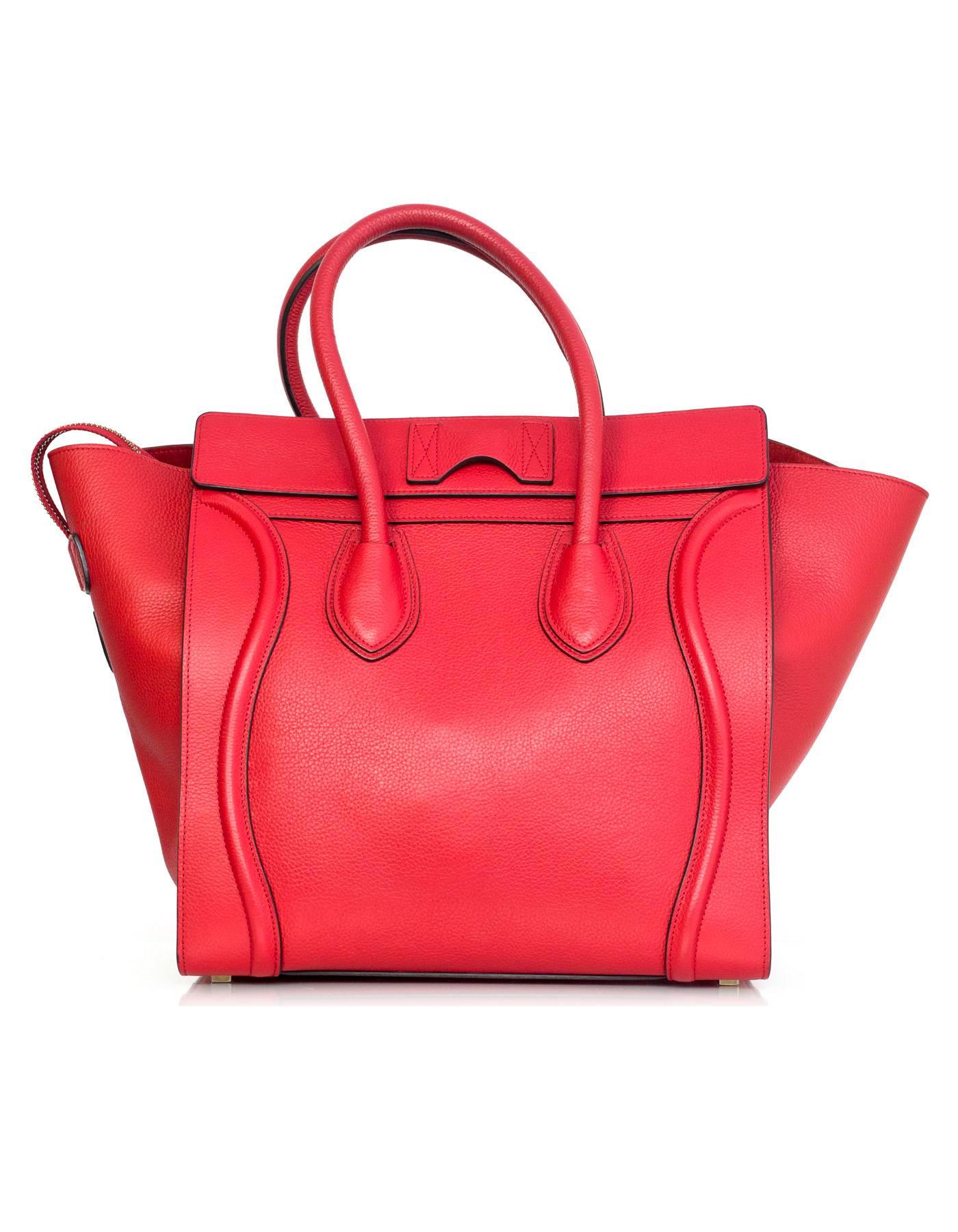 Celine Red Drummed Leather Mini Luggage Tote Bag In Excellent Condition In New York, NY