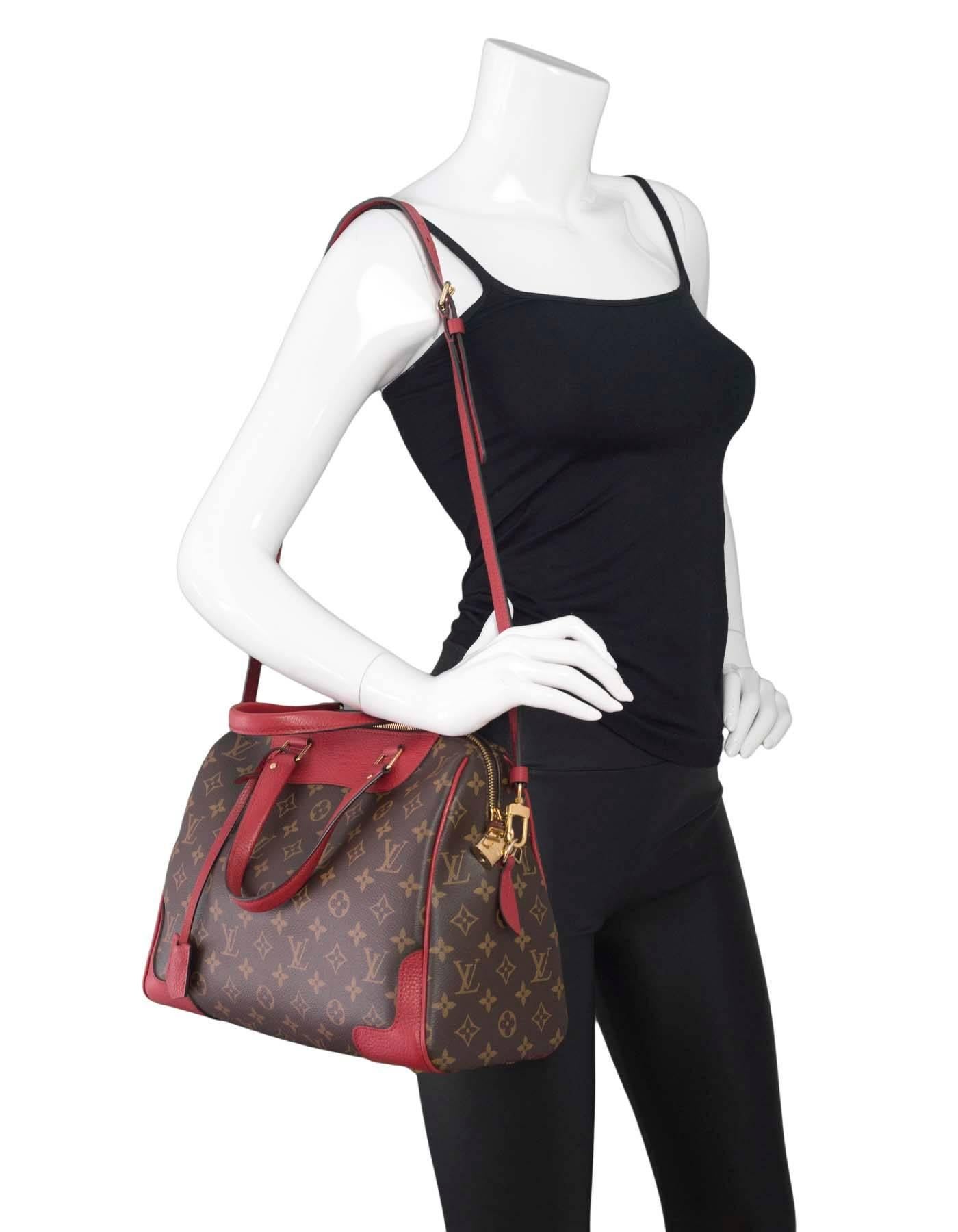 Louis Vuitton Monogram & Cerise Retiro Bag
Features monogram coated canvas and cerise red leather

Made In: France
Year of Production: 2015
Color: Brown, red
Hardware: Goldtone
Materials: Coated canvas, cowhide leather
Lining: Red