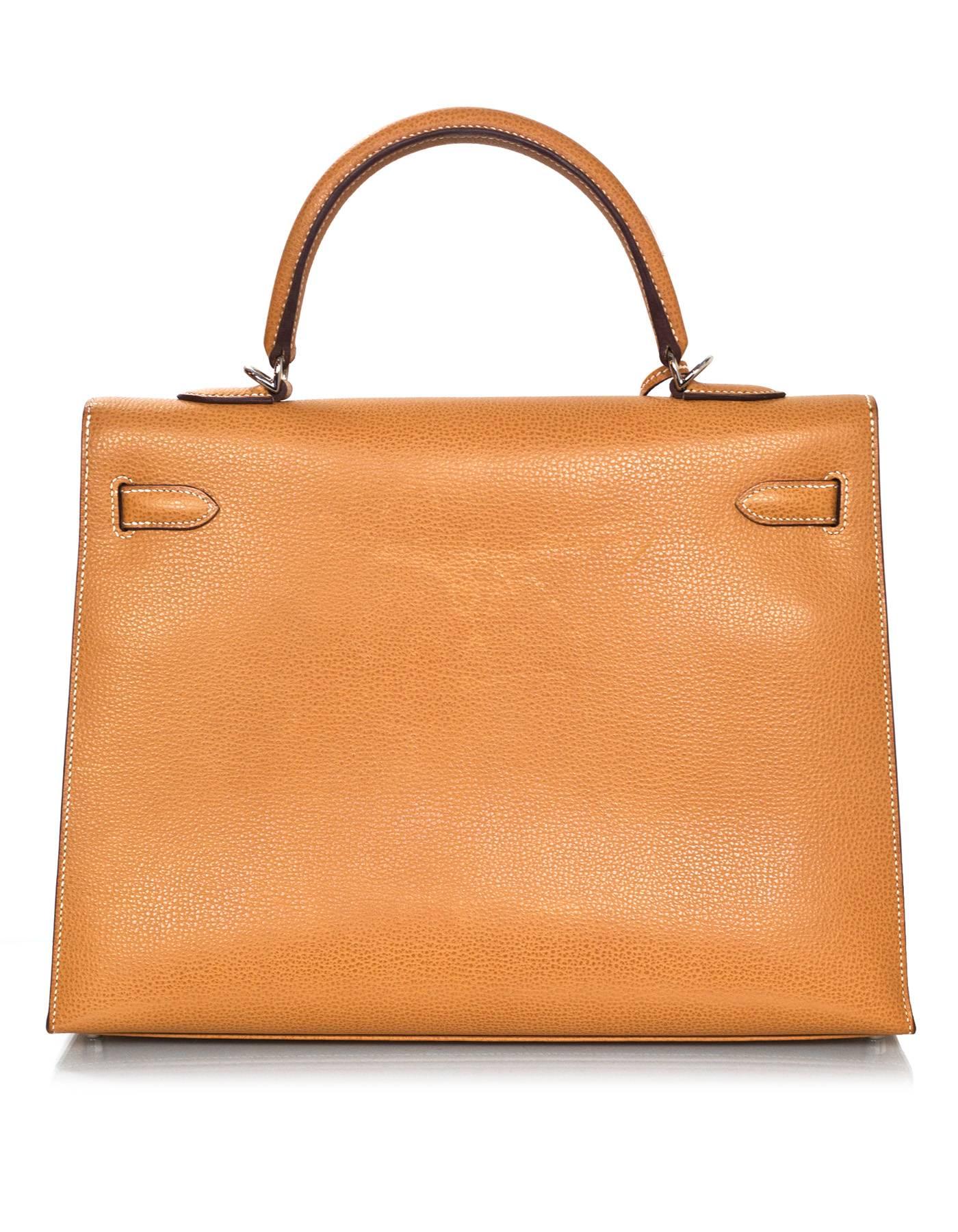Hermes Camel Textured Leather Sellier Rigid 35cm Kelly Bag w/ Strap In Excellent Condition In New York, NY