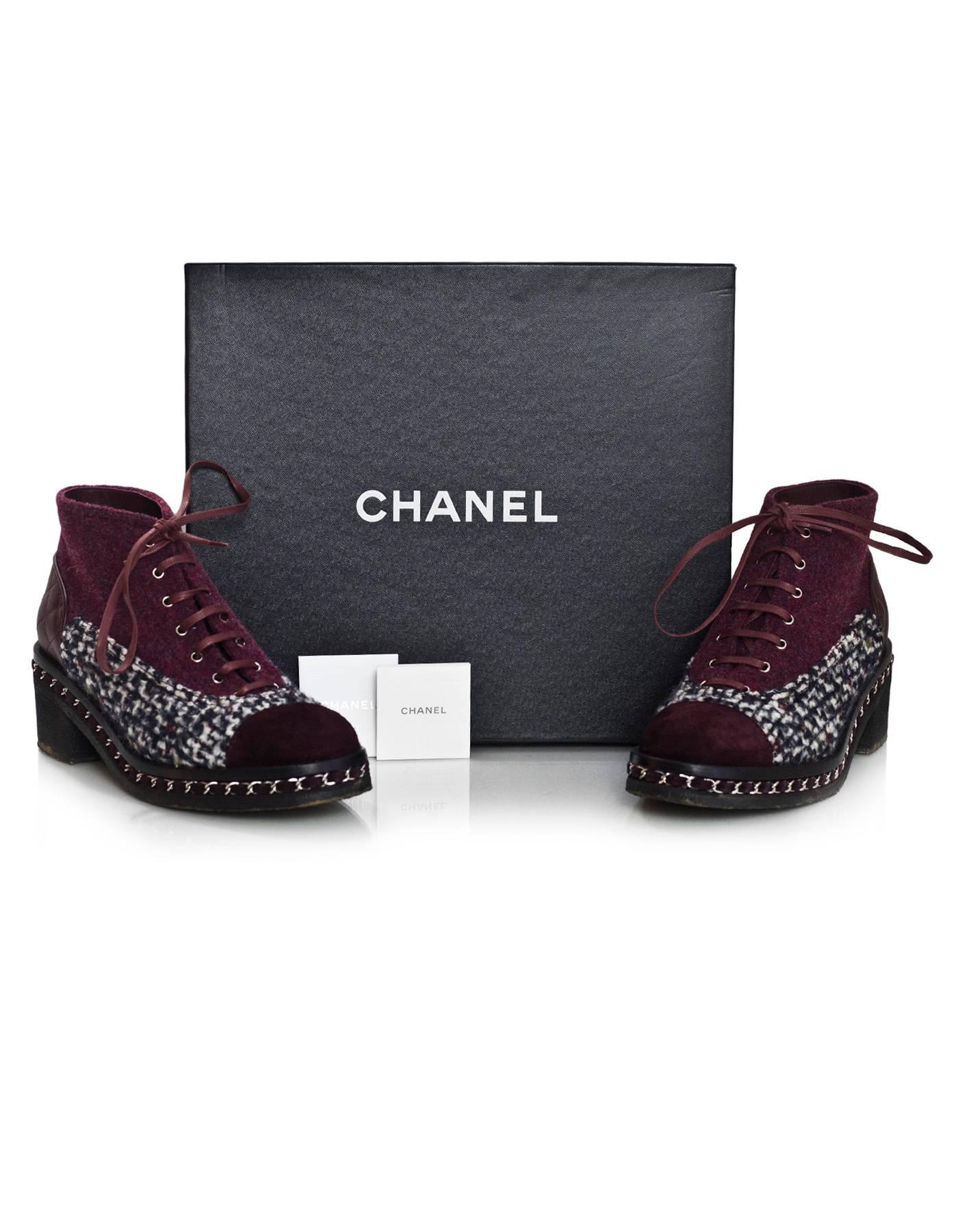 Chanel Burgundy, Black & White Tweed Boots Sz 39 with Box 2