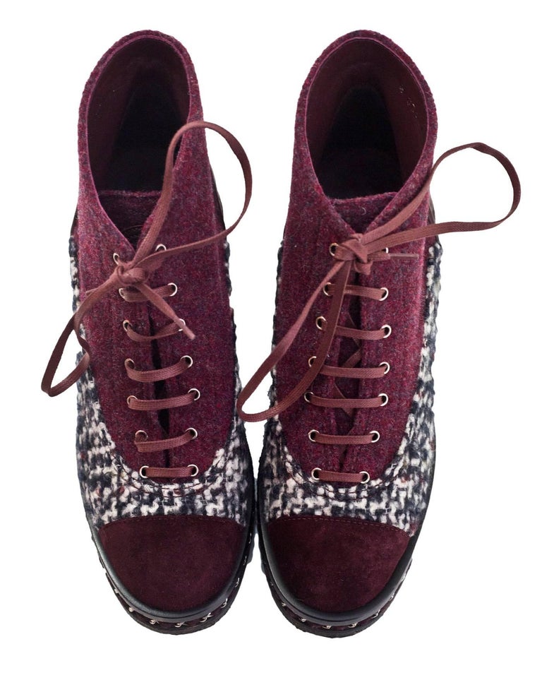 Chanel Burgundy, Black and White Tweed Boots Sz 39 with