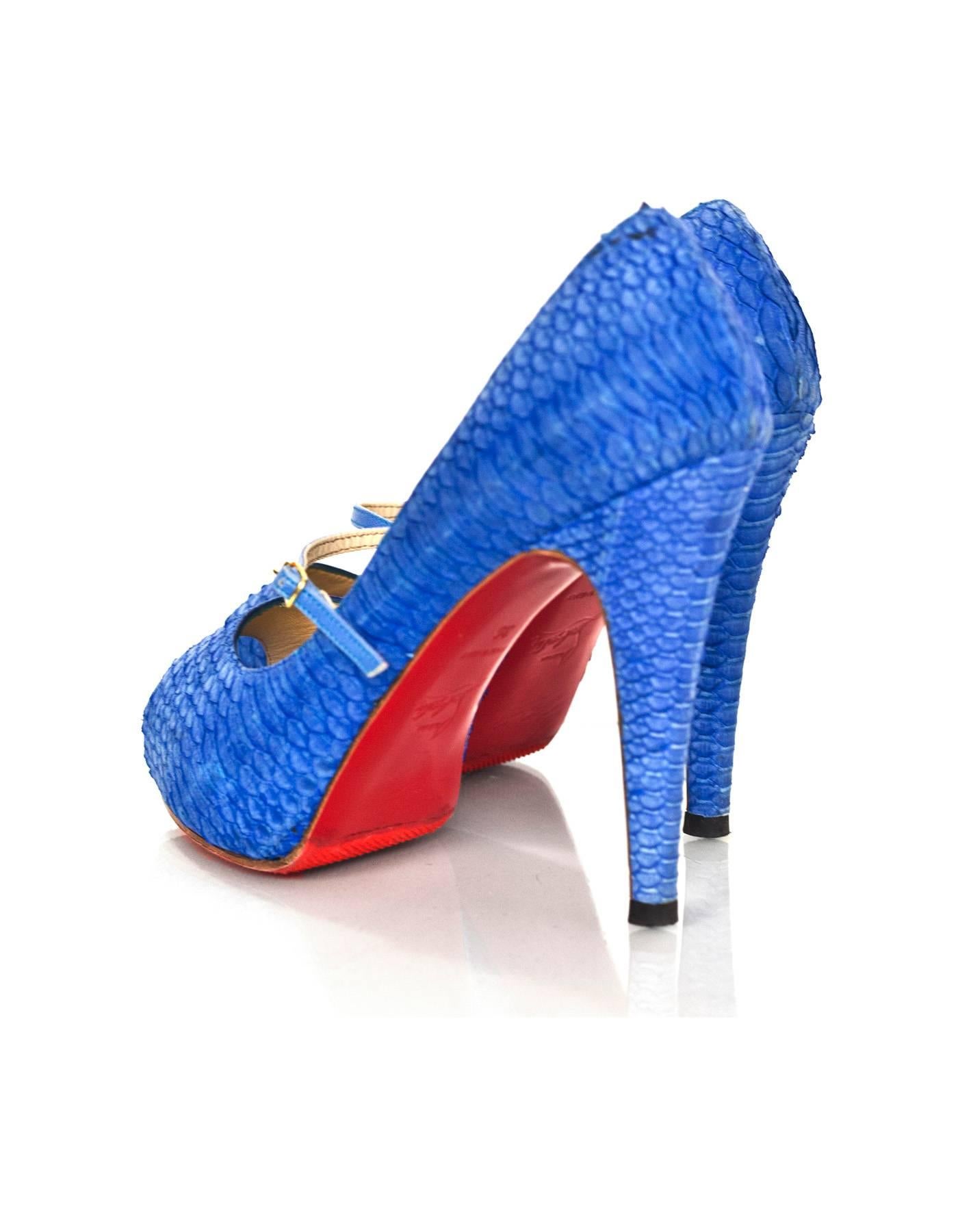 Women's Christian Louboutin Blue Python Open-Toe Platform Pumps Sz 36