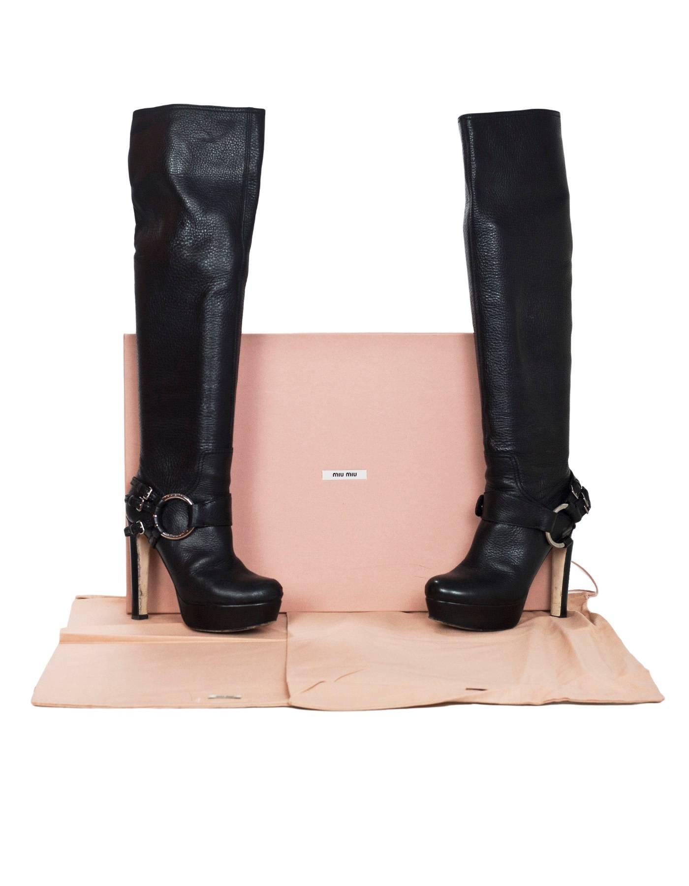 Women's Miu Miu Black Leather Over The Knee Boots Sz 38 with Box and DB
