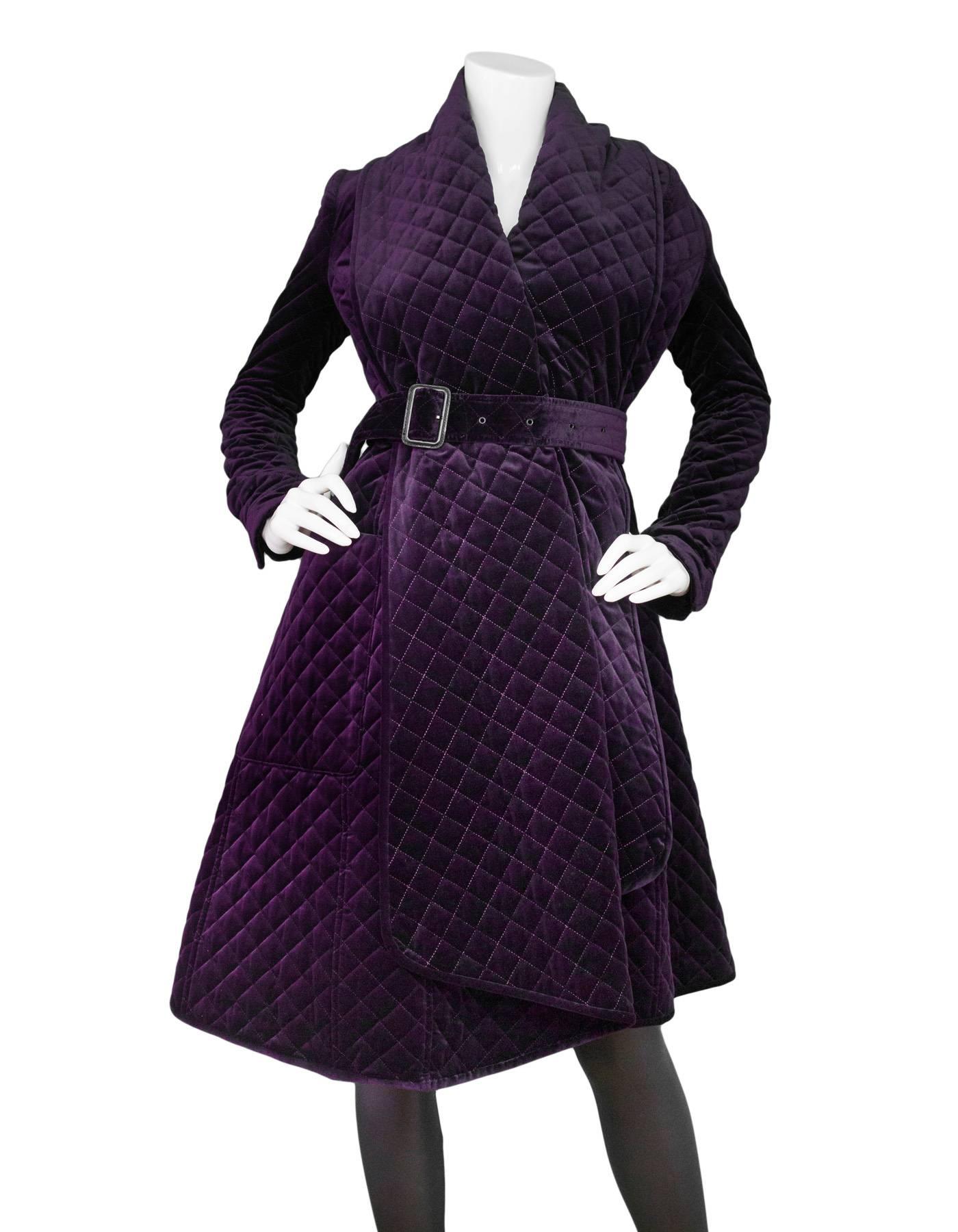 Burberry Prorsum 2012 Runway Purple Quilted Velvet Coat w Belt Sz
