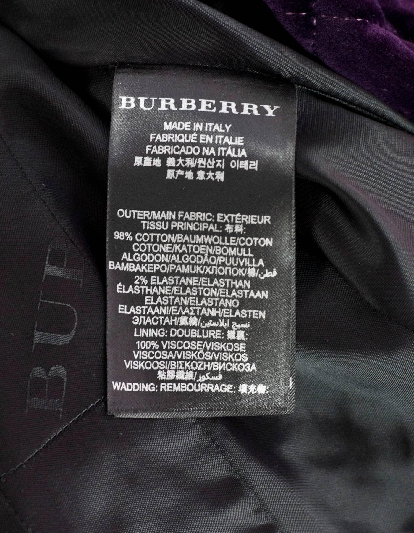 Black Burberry Prorsum 2012 Runway Purple Quilted Velvet Coat w/ Belt Sz IT36