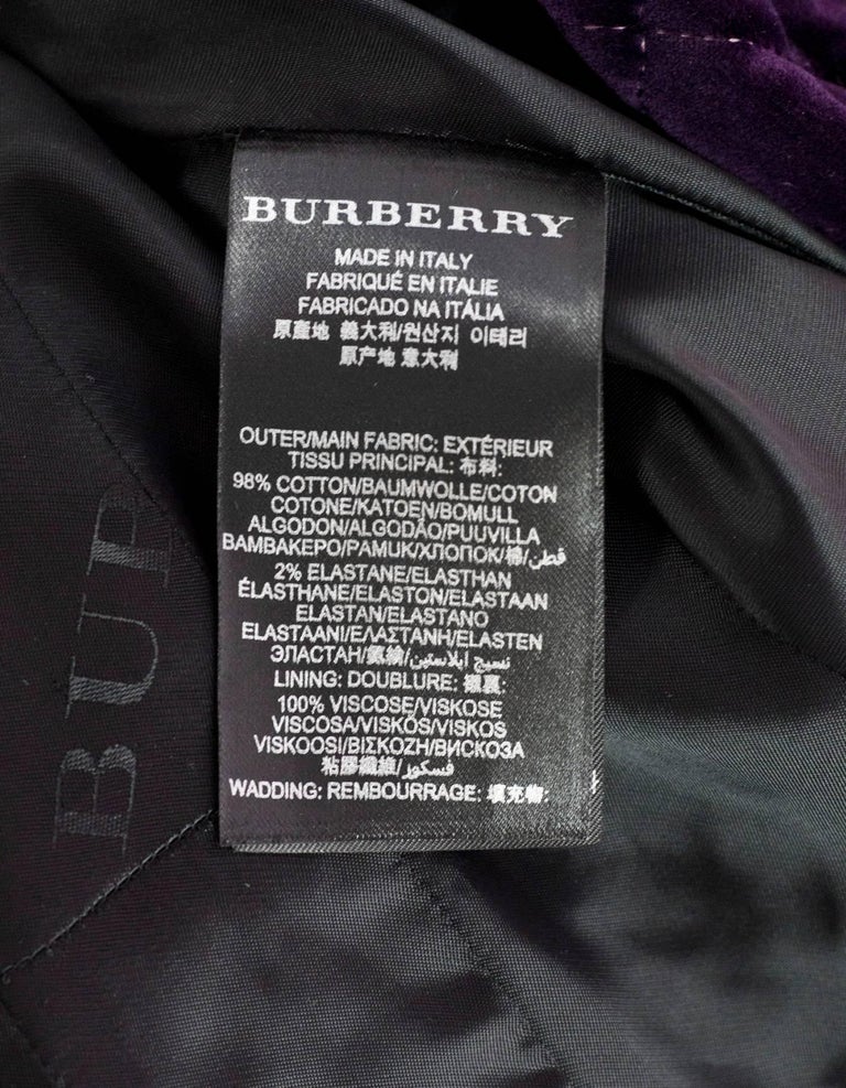 Burberry Prorsum 2012 Runway Purple Quilted Velvet Coat w/ Belt Sz IT36 at  1stDibs